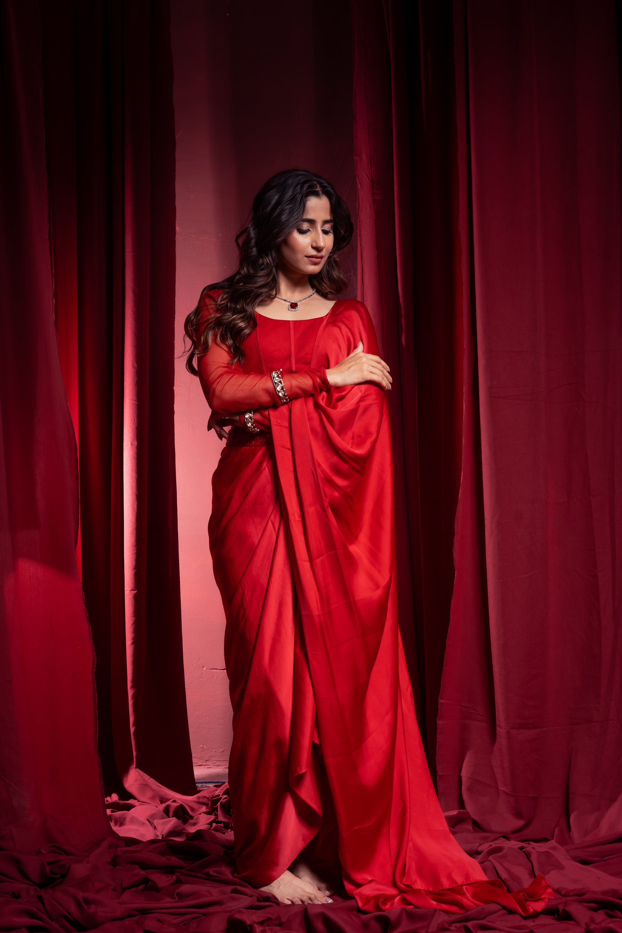 Crimson Red Draped Saree with full sleeves Blouse