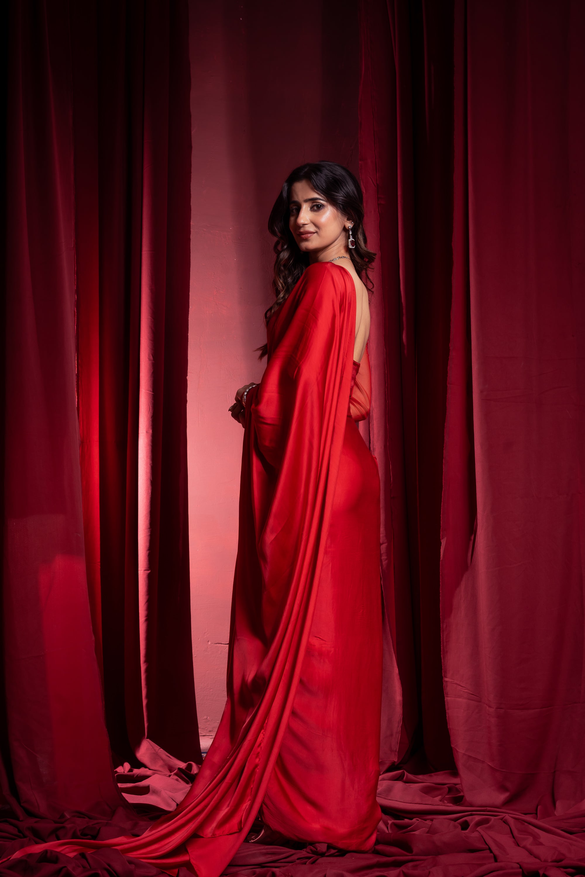 Crimson Red Draped Saree with full sleeves Blouse