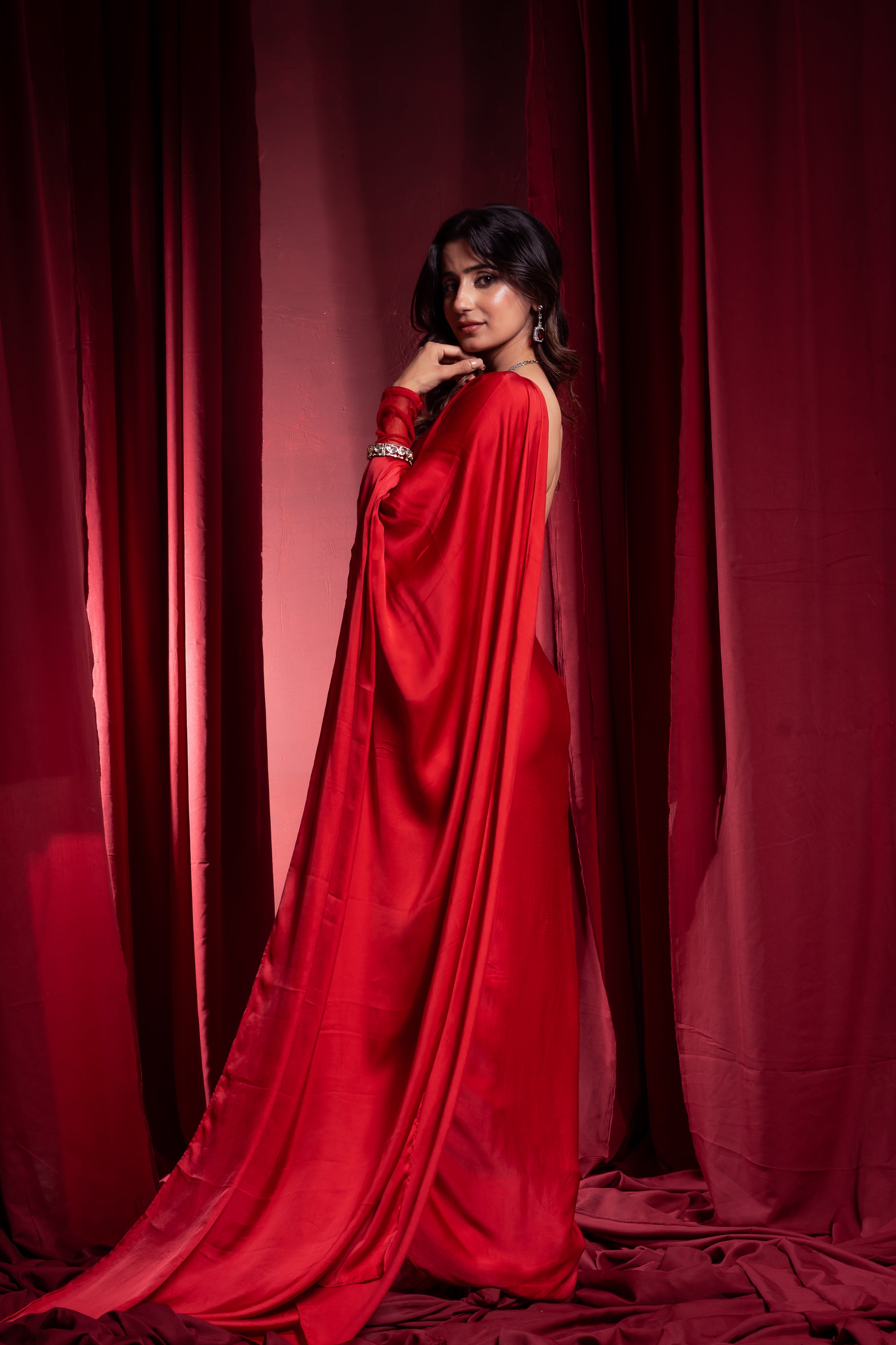 Crimson Red Draped Saree with full sleeves Blouse