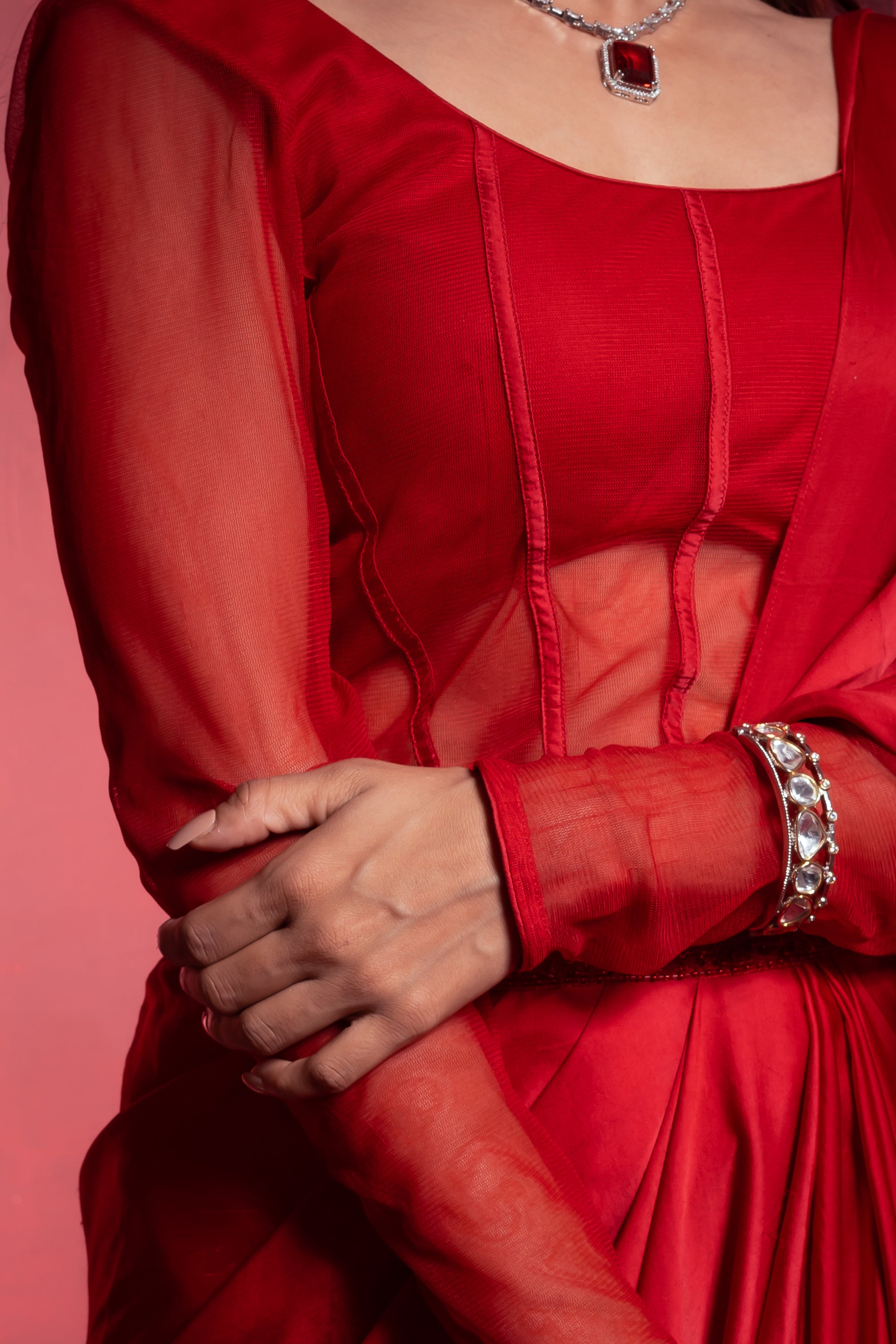 Crimson Red Draped Saree with full sleeves Blouse