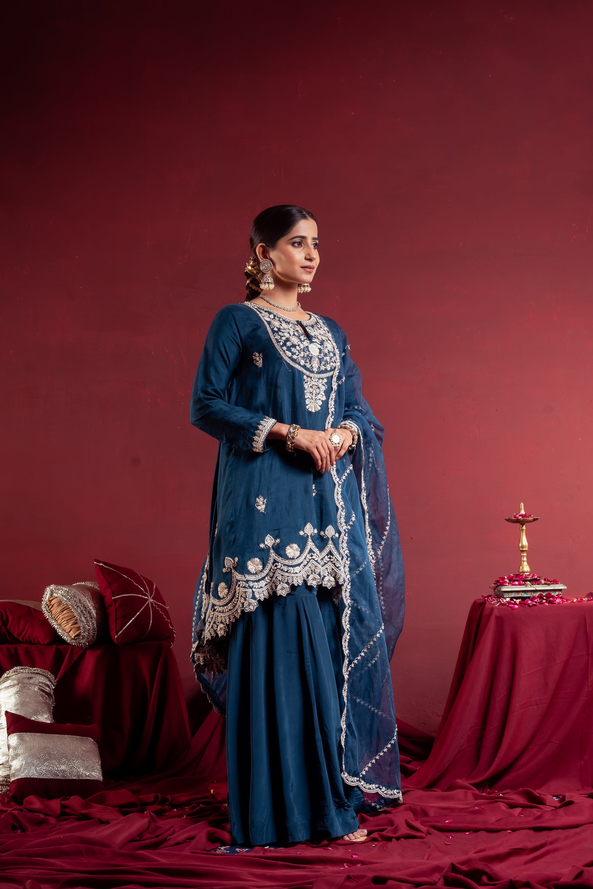 Teal Blue Embroidered Sharara Suit Set