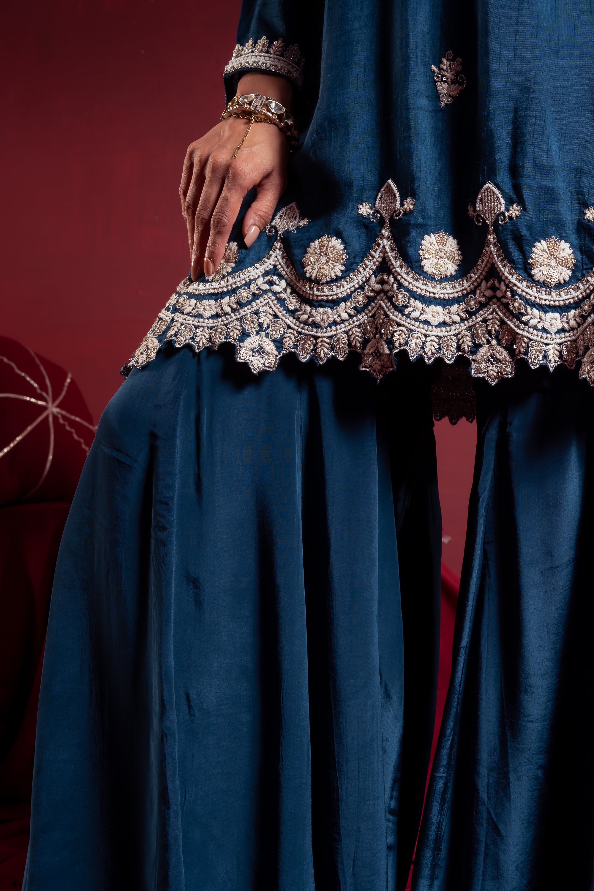 Teal Blue Embroidered Sharara Suit Set