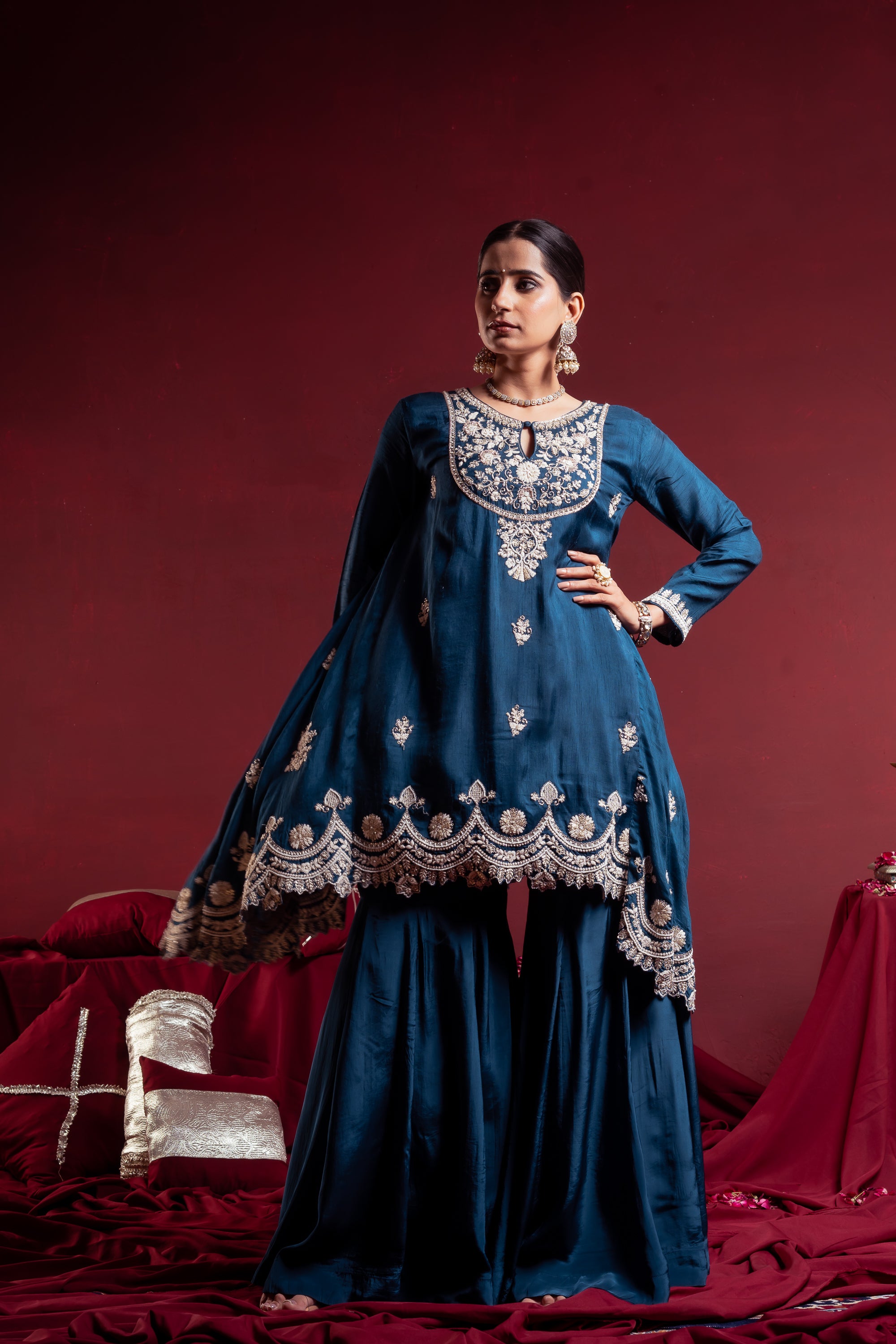 Teal Blue Embroidered Sharara Suit Set