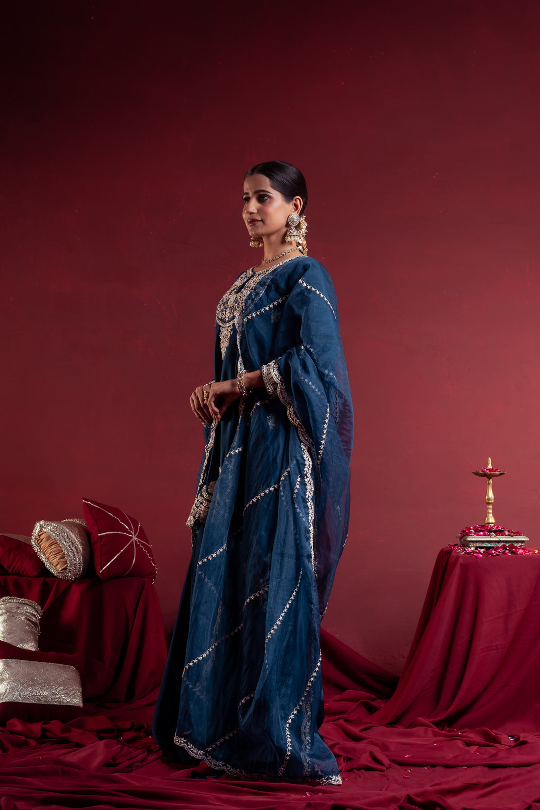 Teal Blue Embroidered Sharara Suit Set