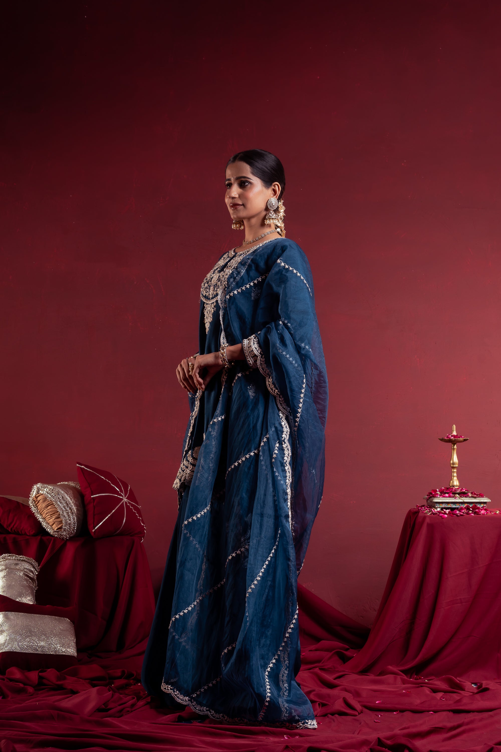 Teal Blue Embroidered Sharara Suit Set