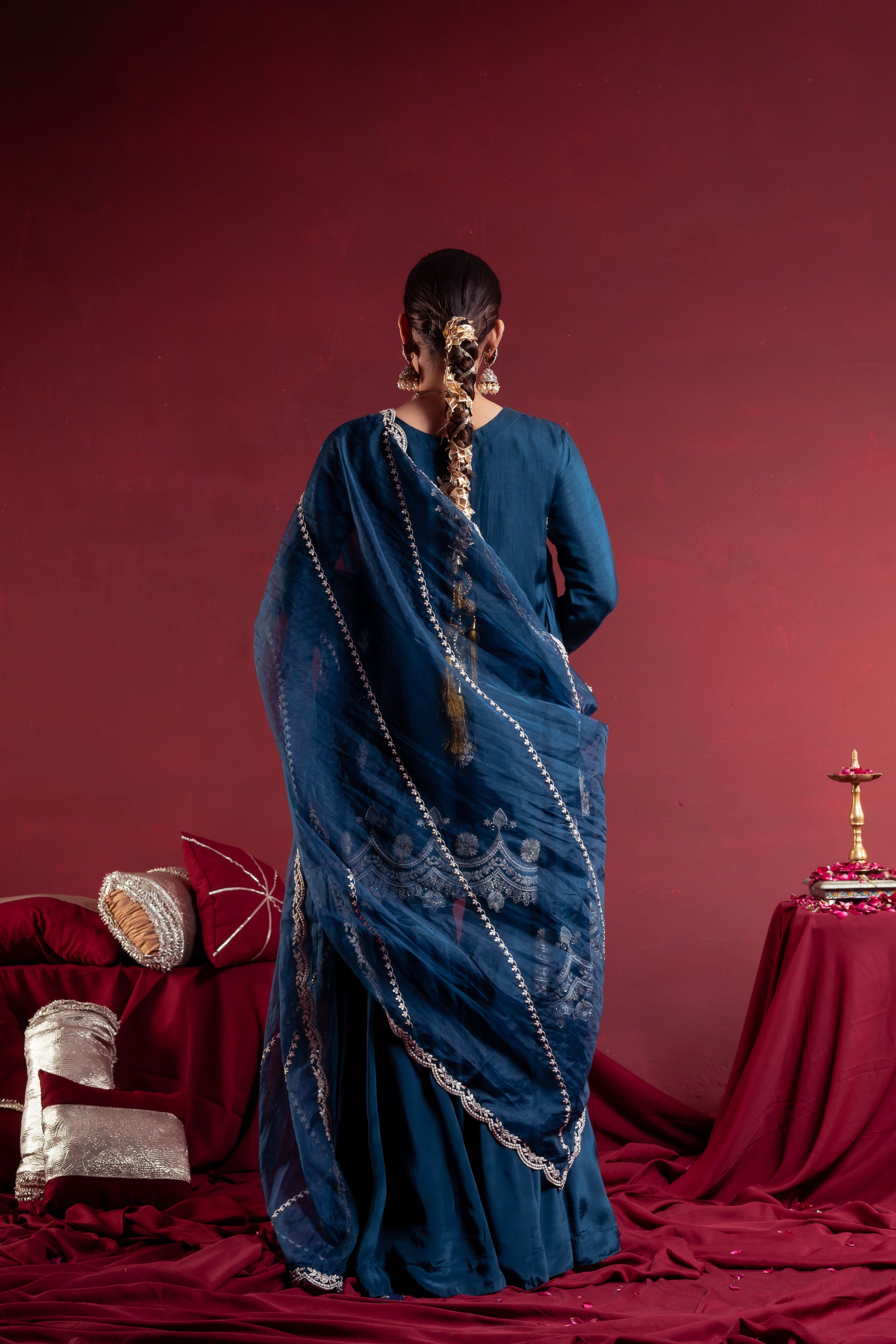 Teal Blue Embroidered Sharara Suit Set