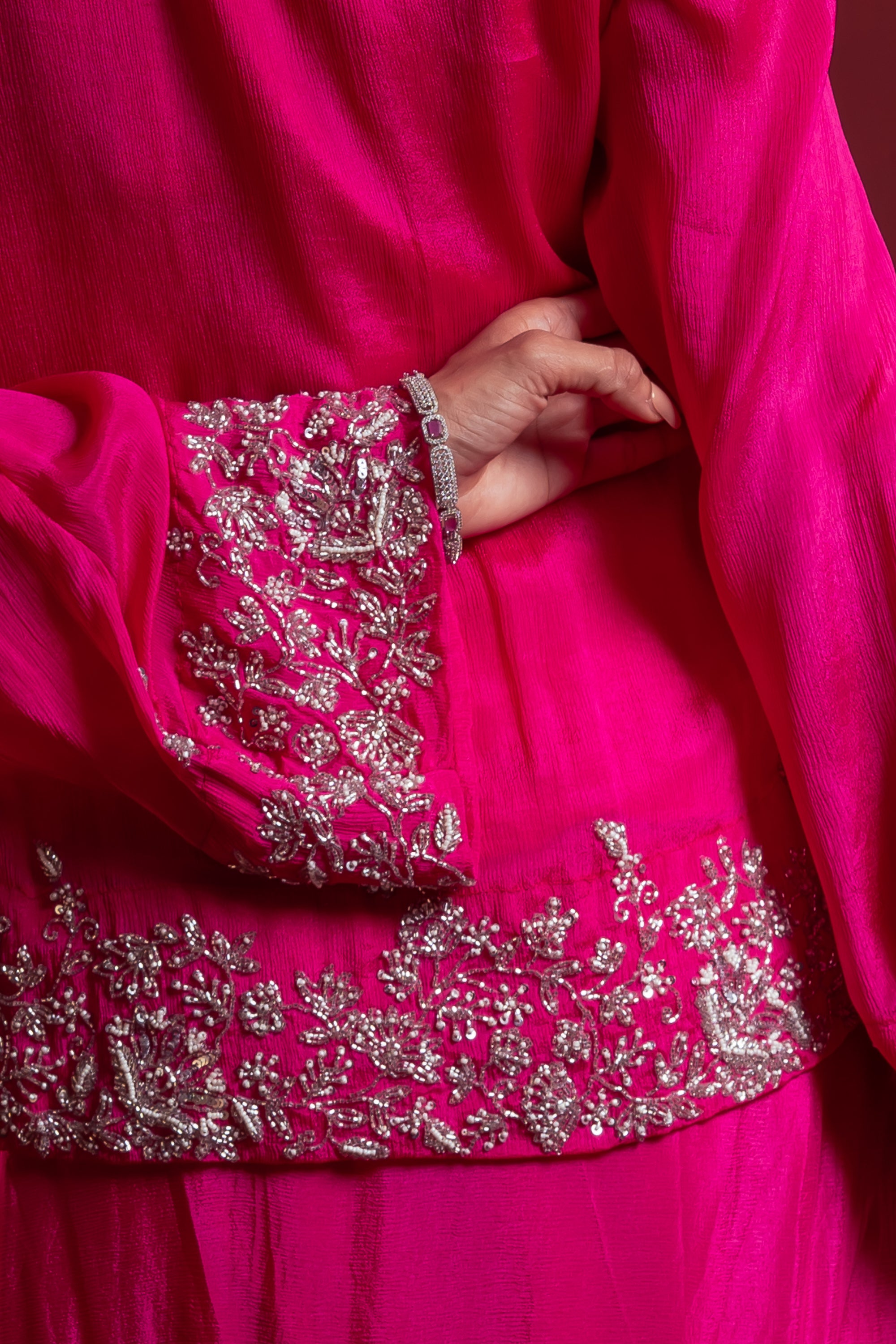 Women’s Fuchsia Pink Embroidered top with draped skirt