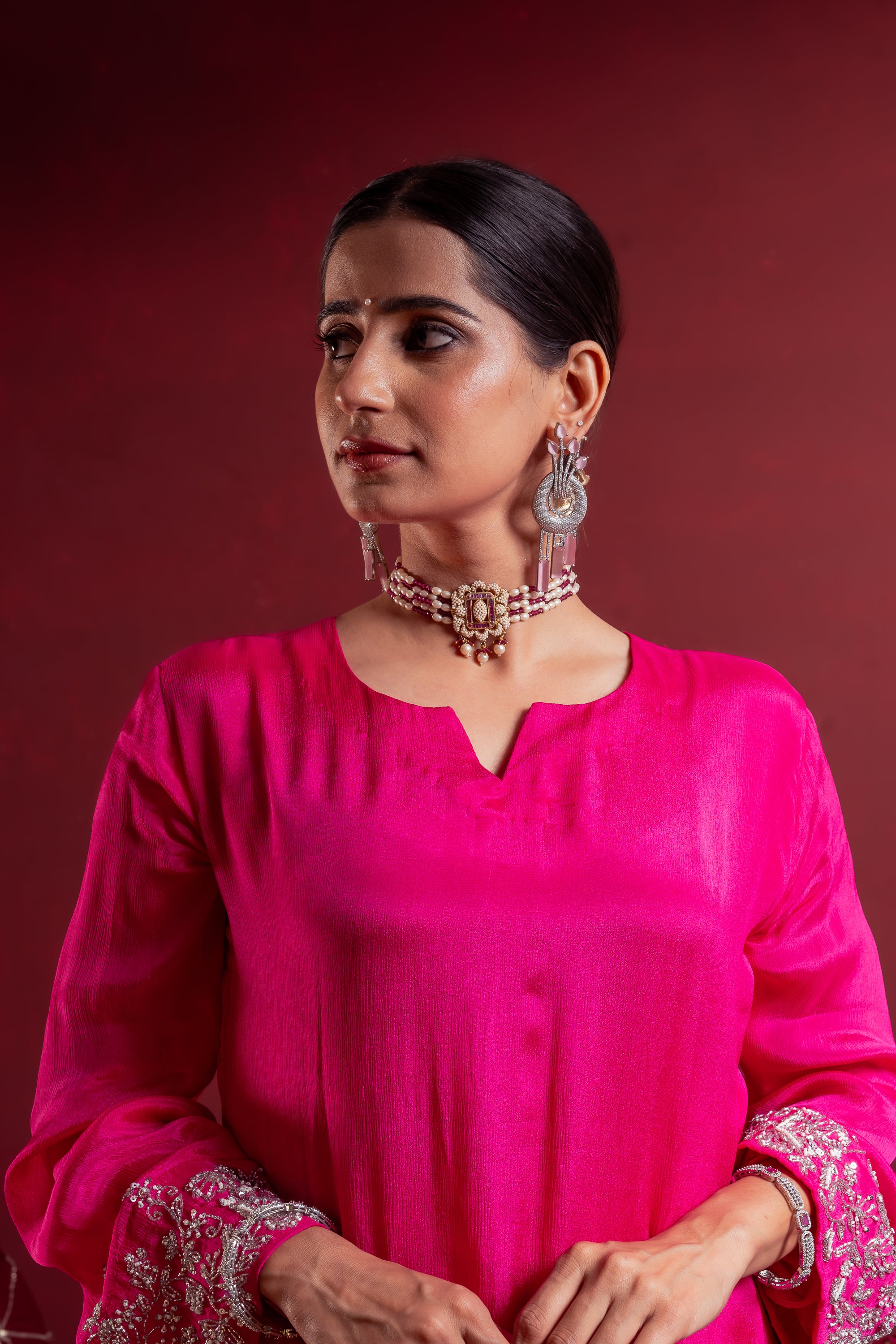 Women’s Fuchsia Pink Embroidered top with draped skirt