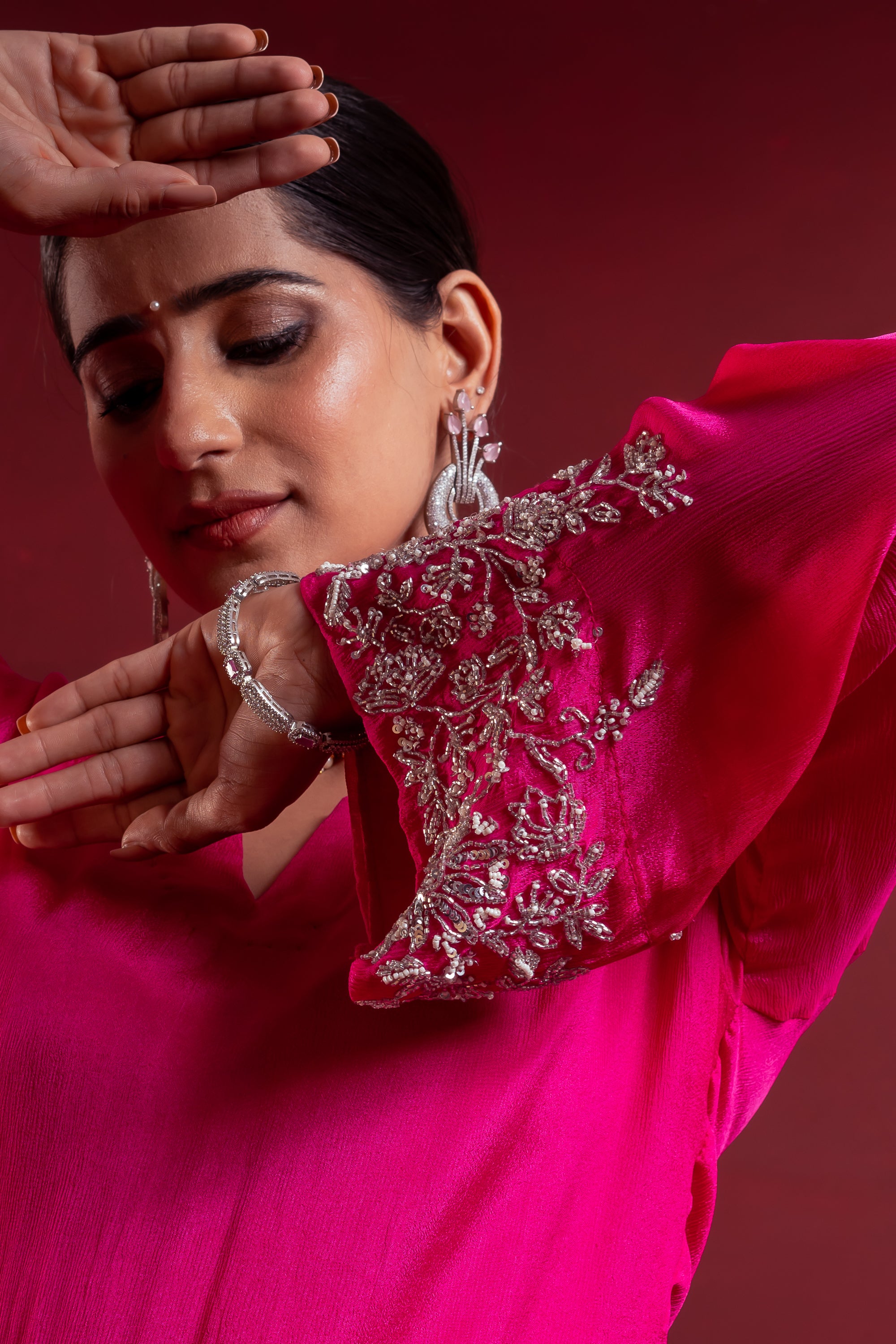 Women’s Fuchsia Pink Embroidered top with draped skirt