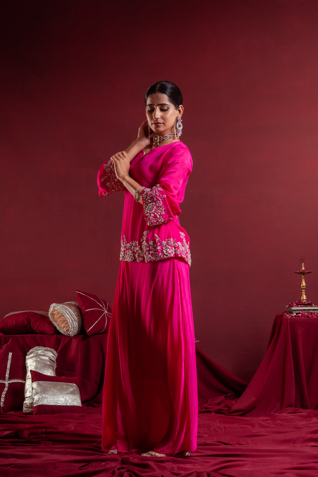 Women’s Fuchsia Pink Embroidered top with draped skirt