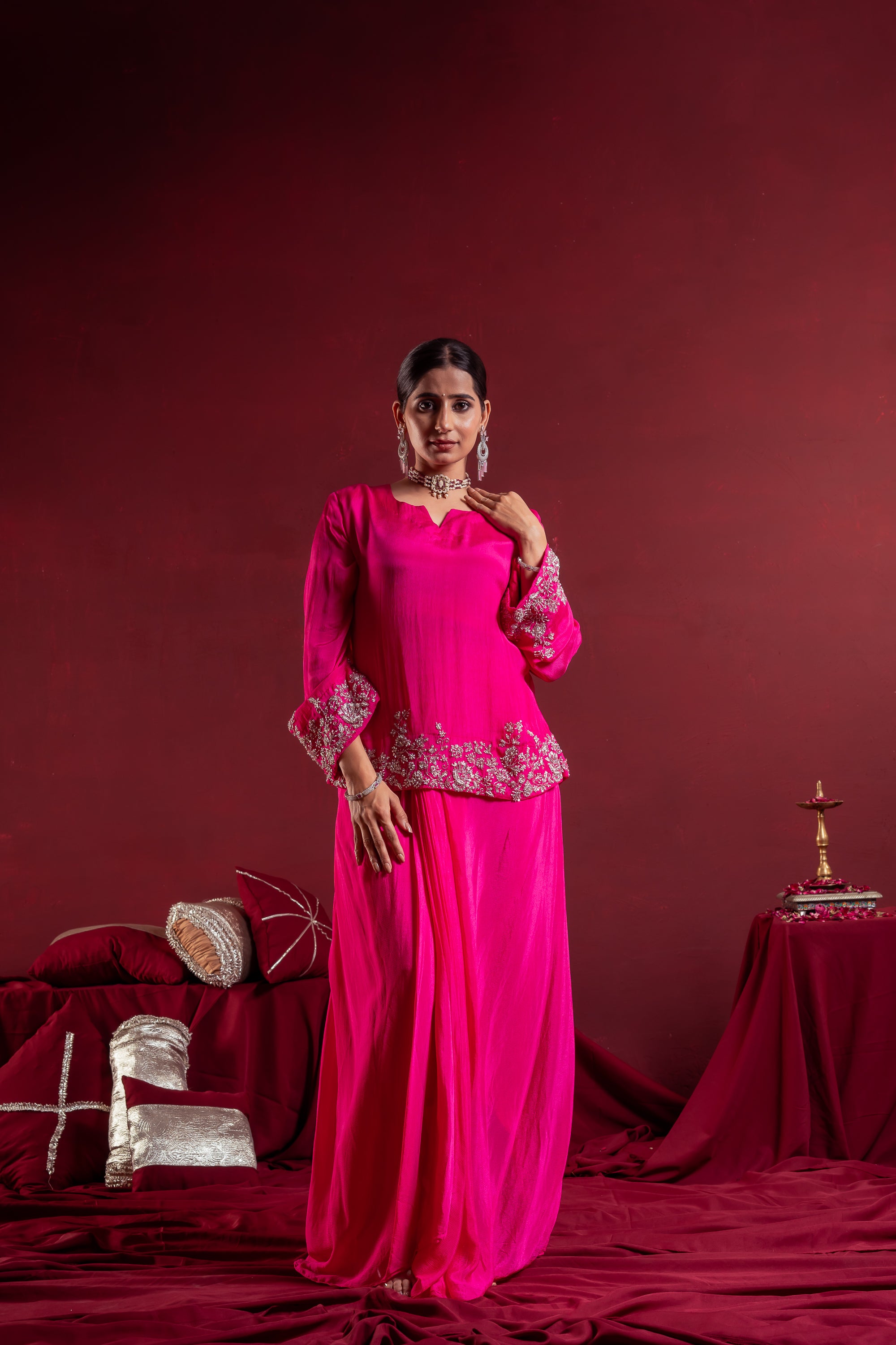 Women’s Fuchsia Pink Embroidered top with draped skirt