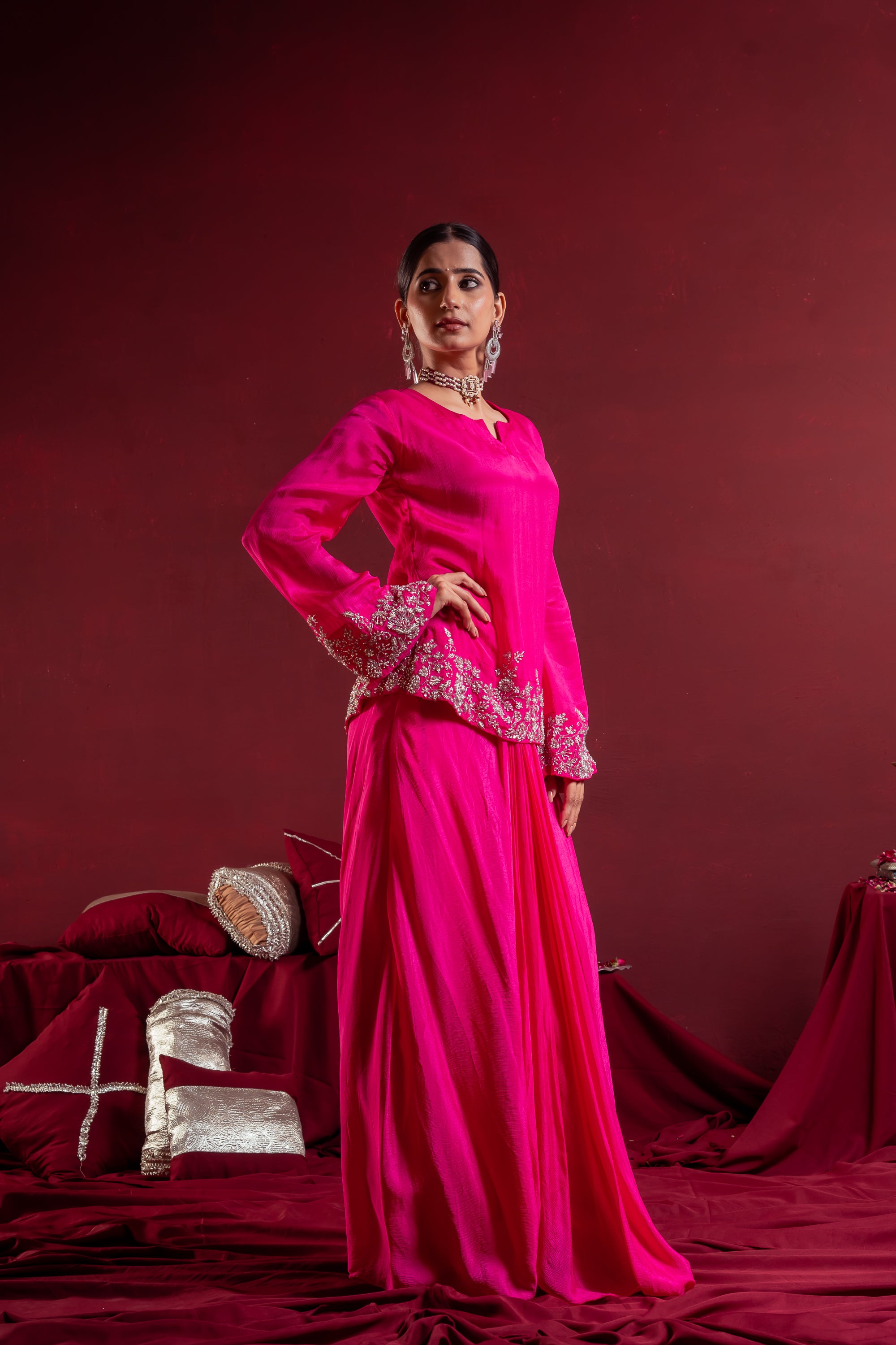 Women’s Fuchsia Pink Embroidered top with draped skirt