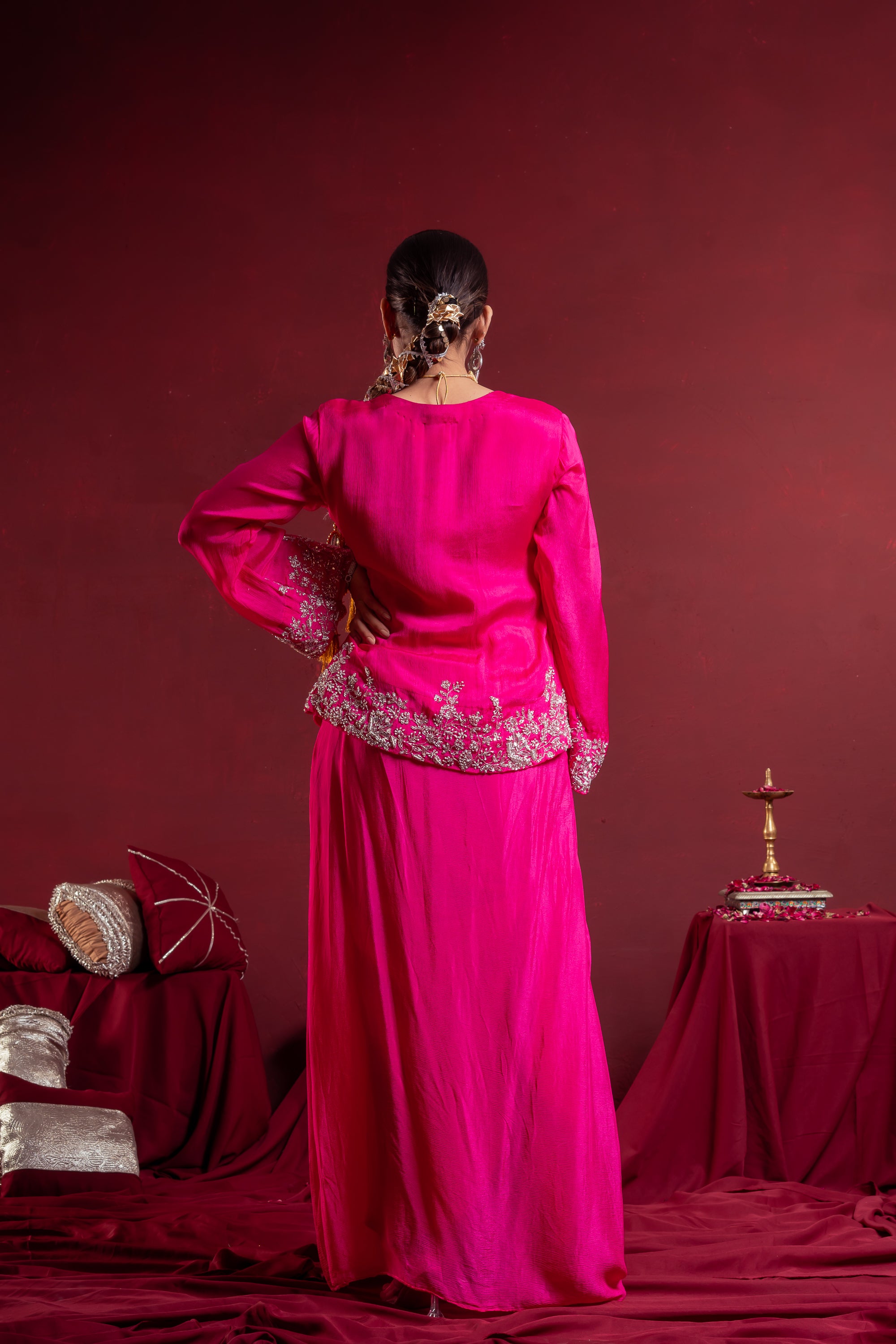 Women’s Fuchsia Pink Embroidered top with draped skirt