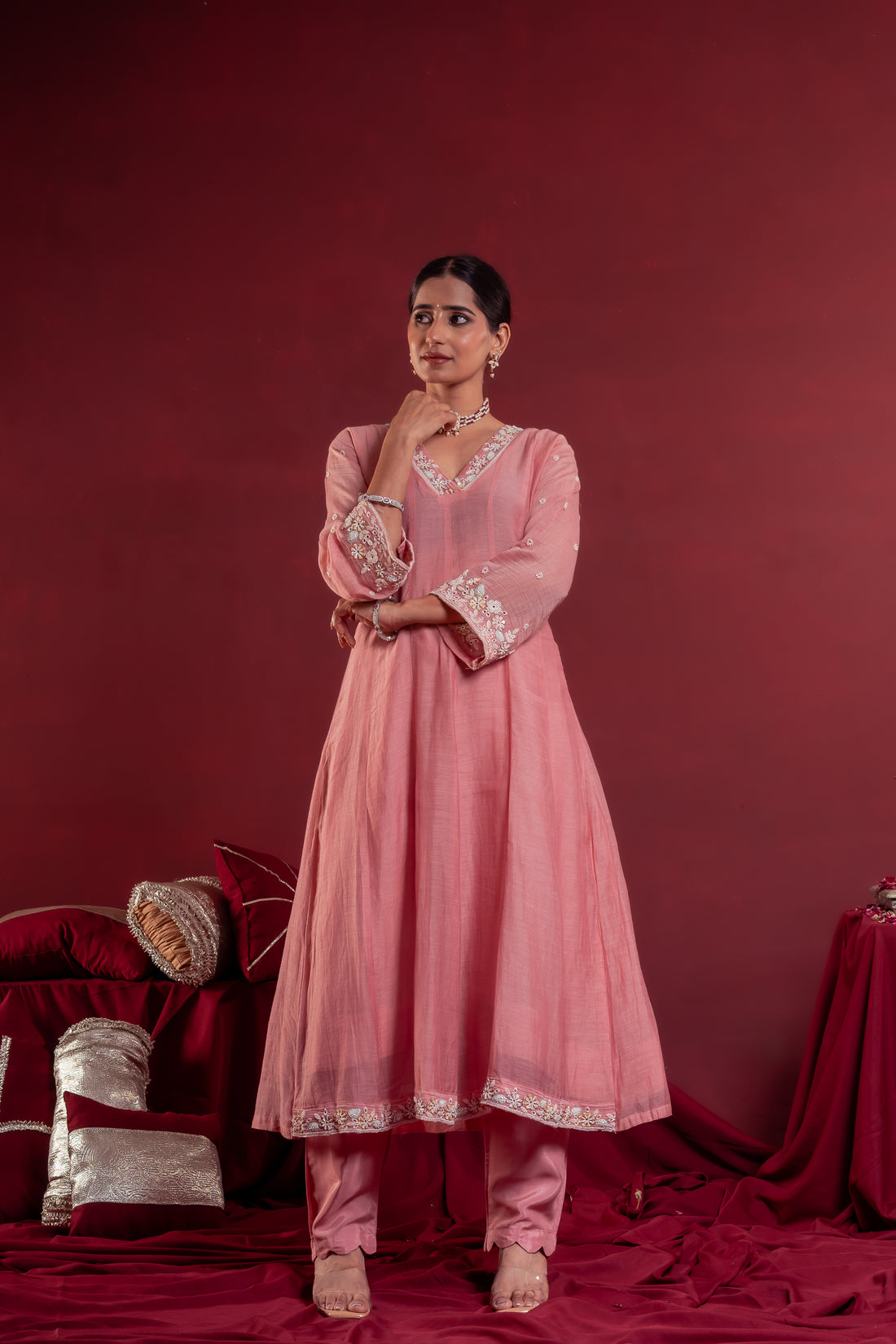 Women’s Blush Pink Embroidered Anarkali Set