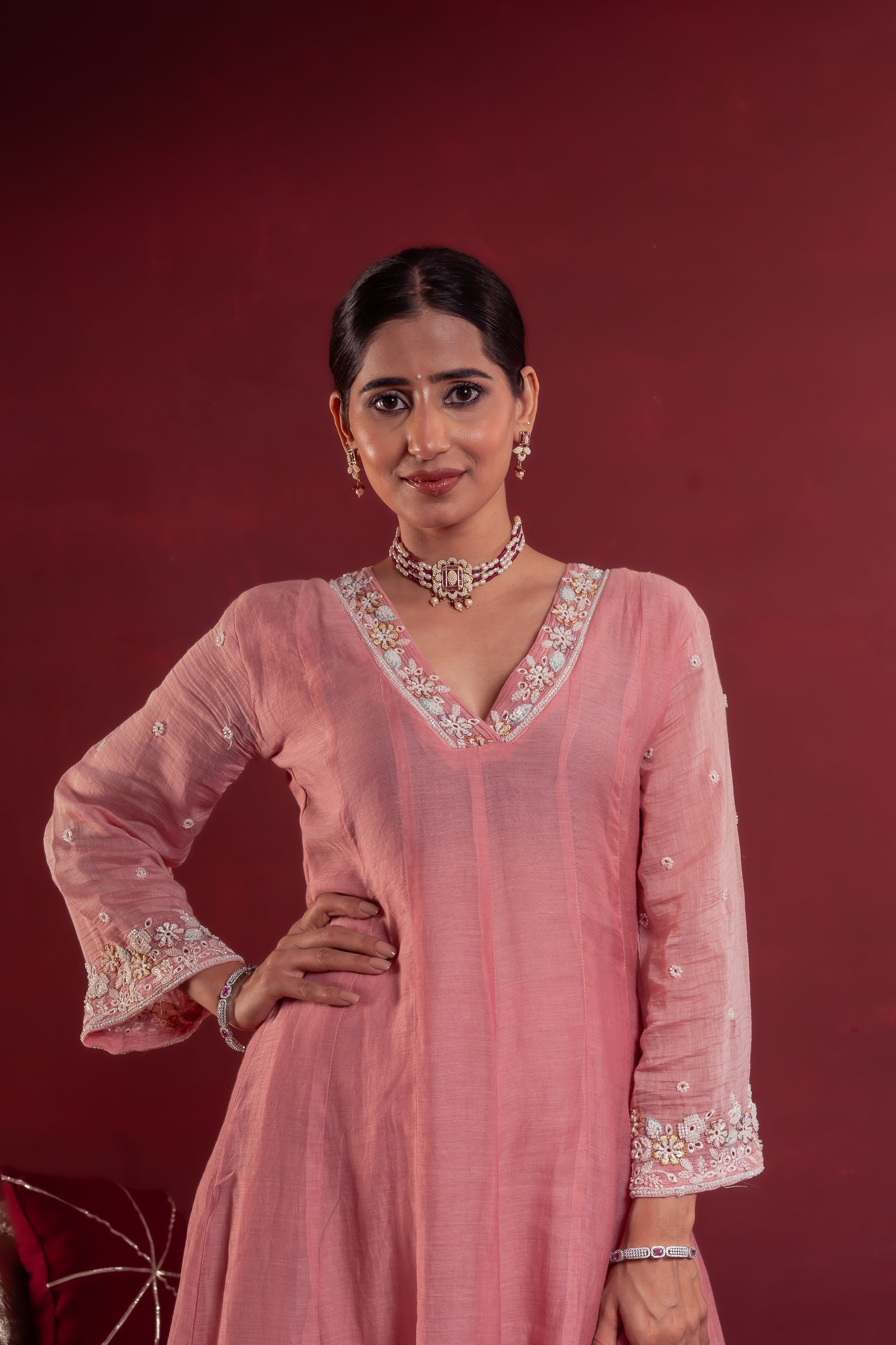 Women’s Blush Pink Embroidered Anarkali Set