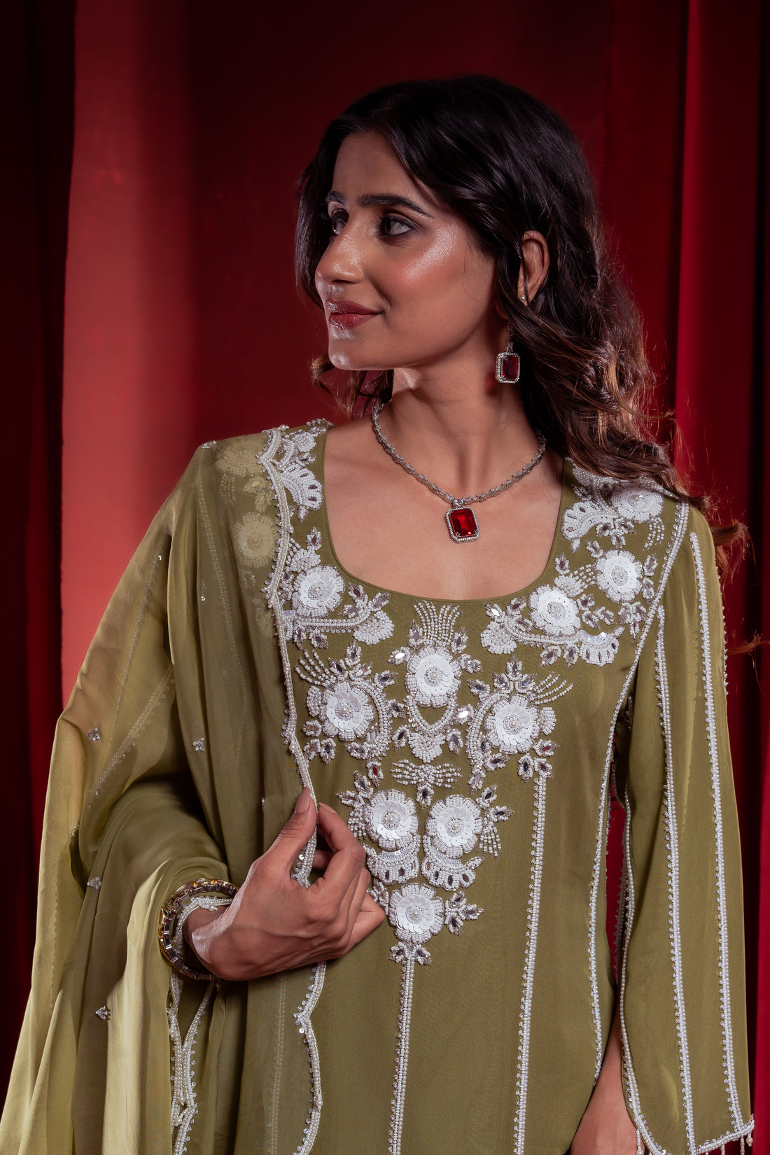 Olive Green Embroidered Two-Piece Set with Dupatta