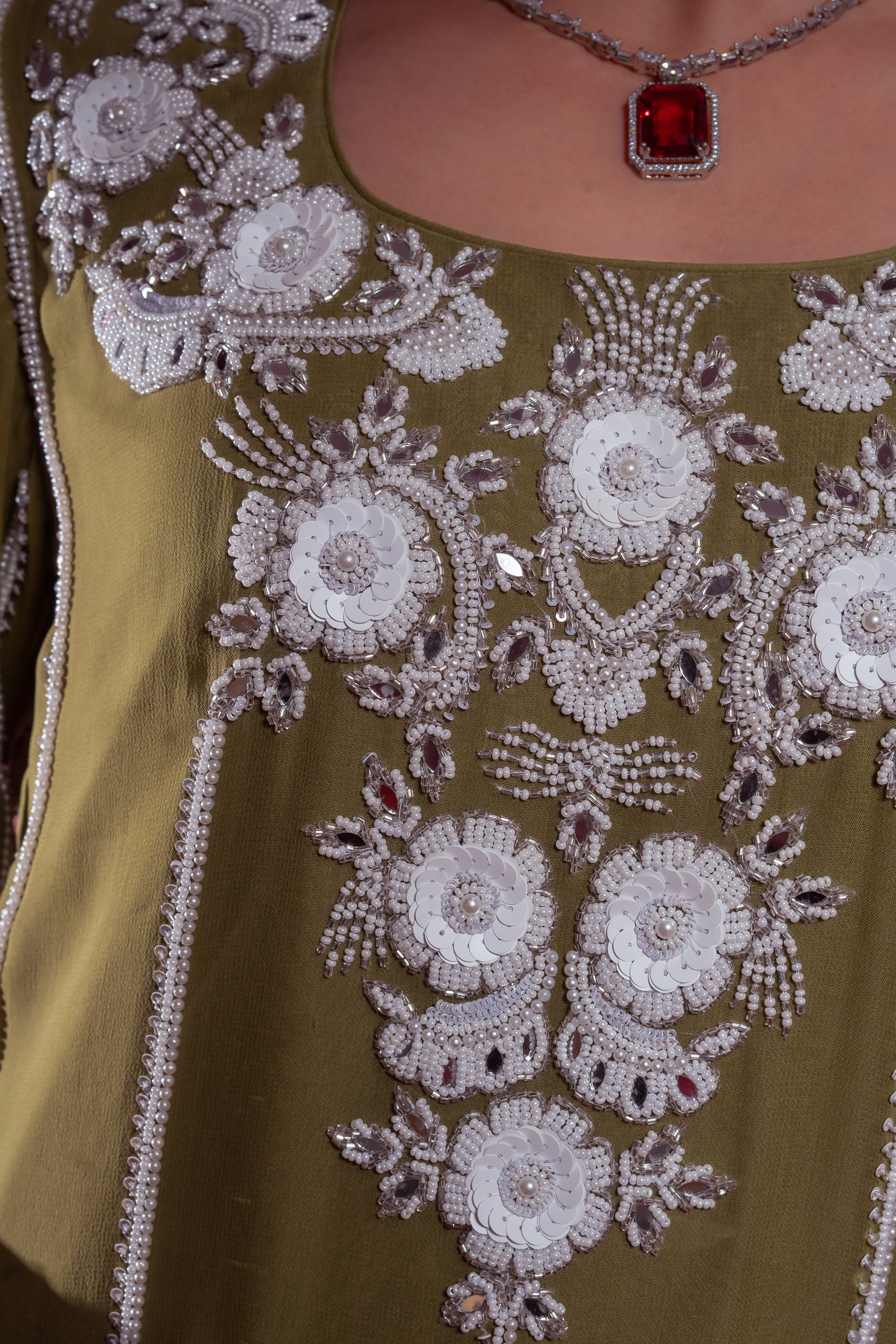 Olive Green Embroidered Two-Piece Set