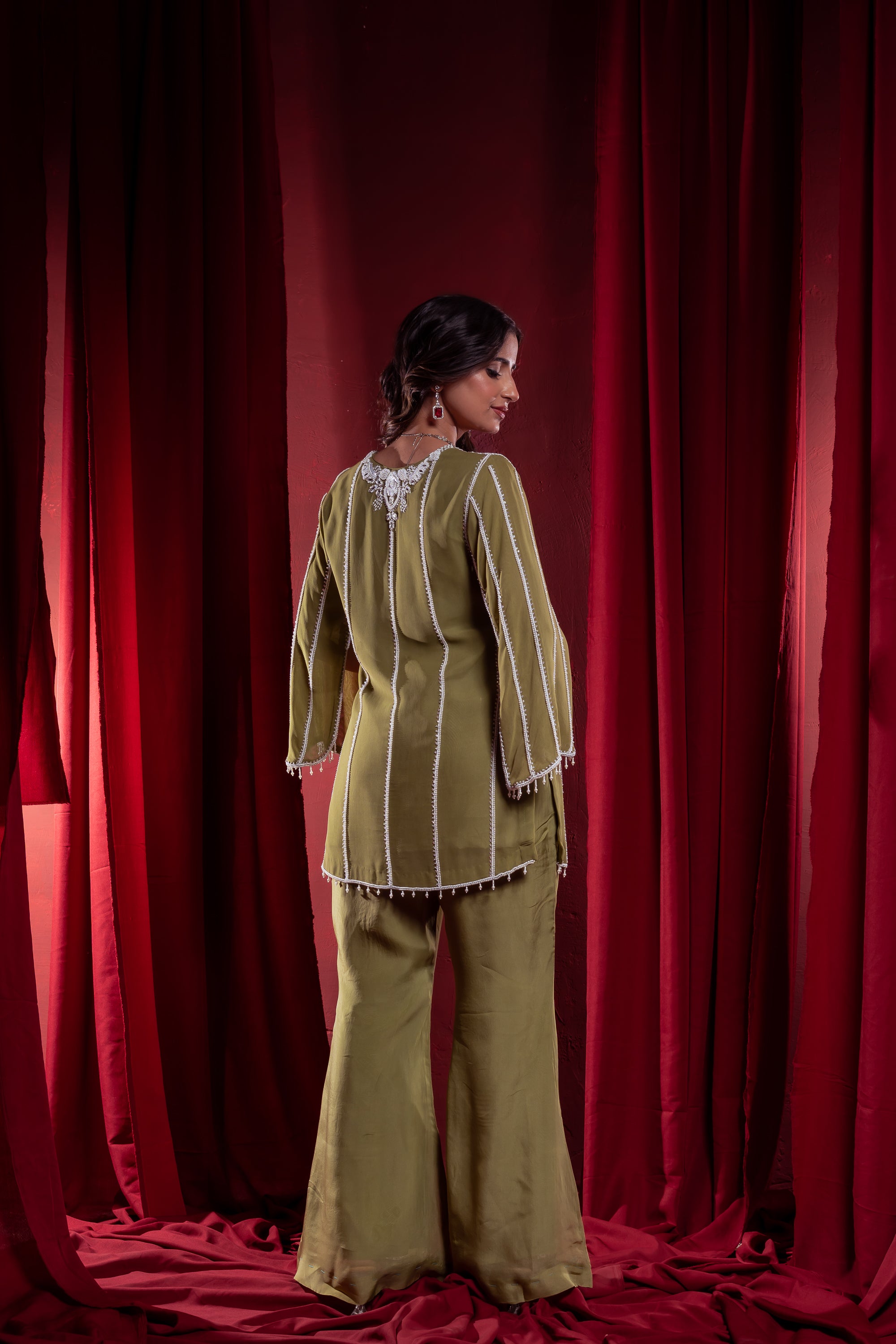 Olive Green Embroidered Two-Piece Set
