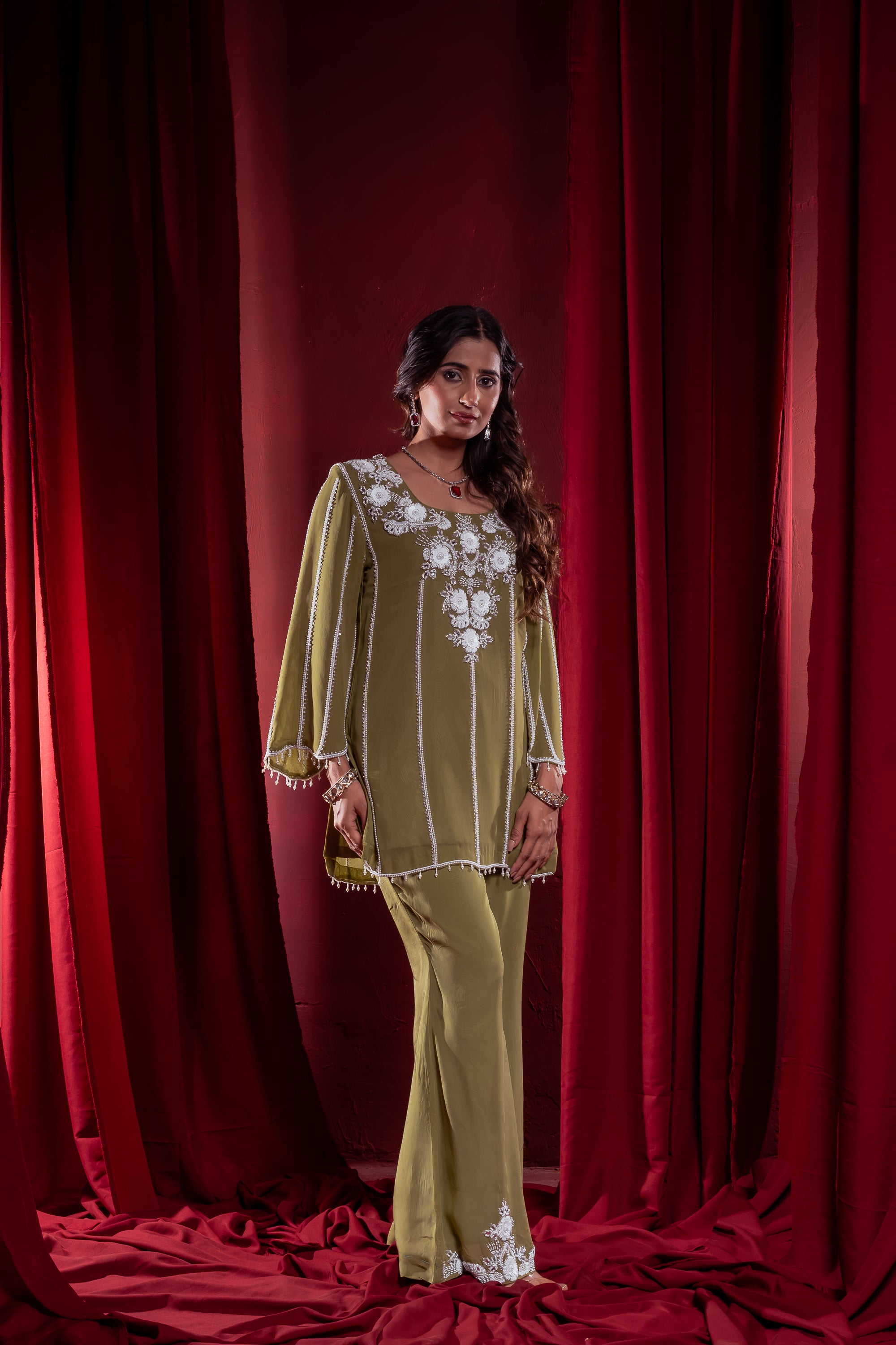 Olive Green Embroidered Two-Piece Set
