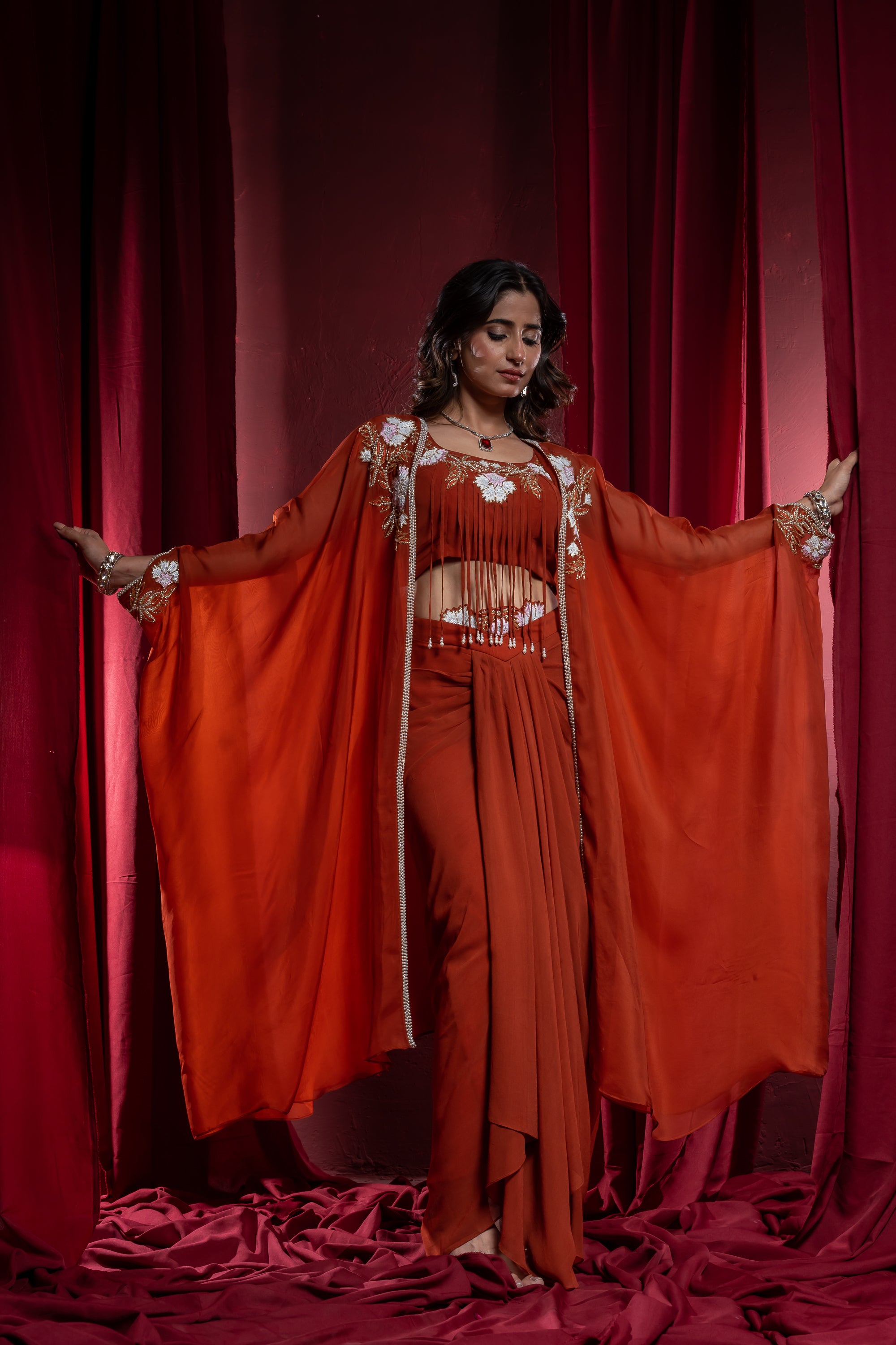 Rust Orange Embroidered Layered Ethnic Dress with Cape