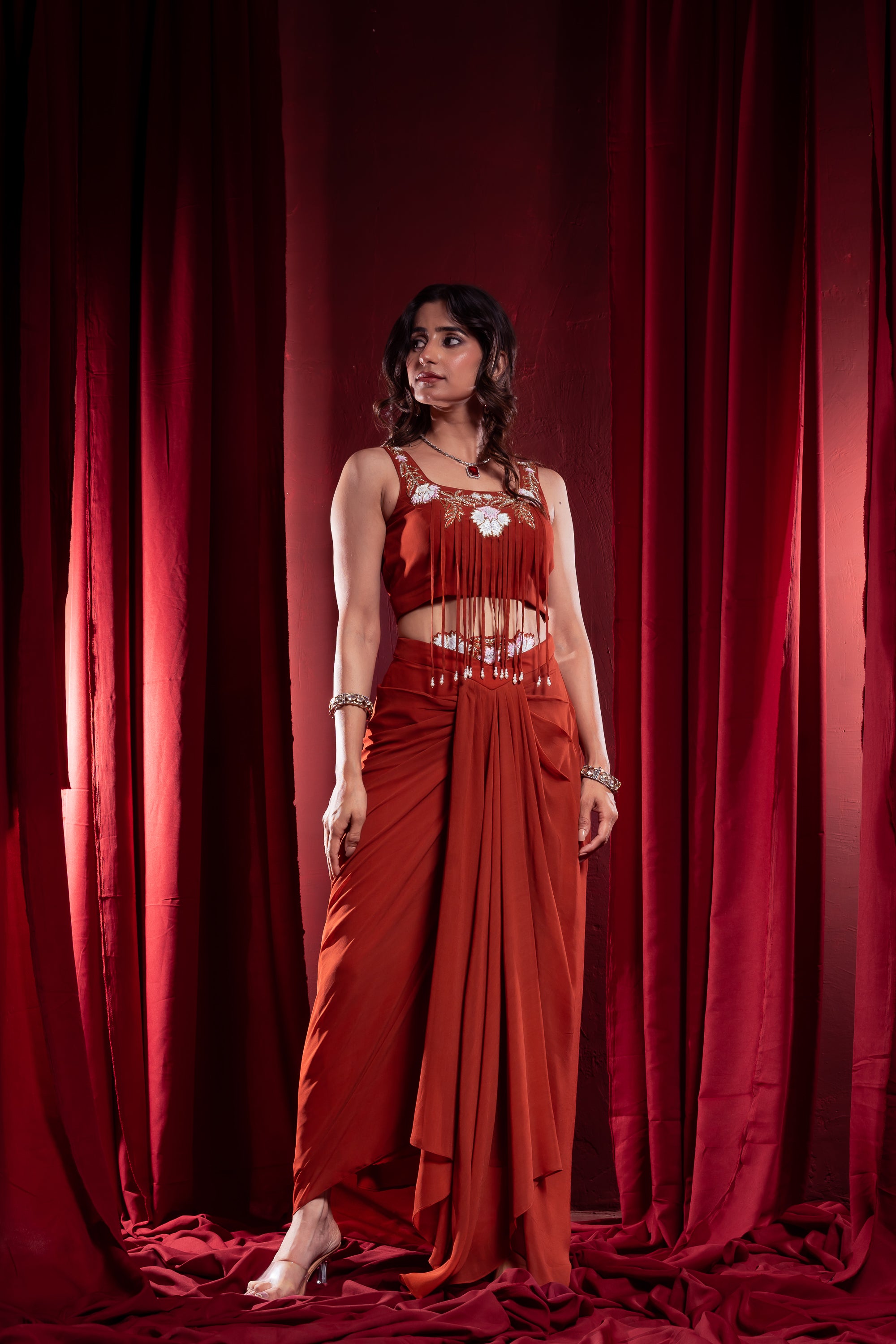 Rust Orange Embroidered Layered Ethnic Dress with Cape