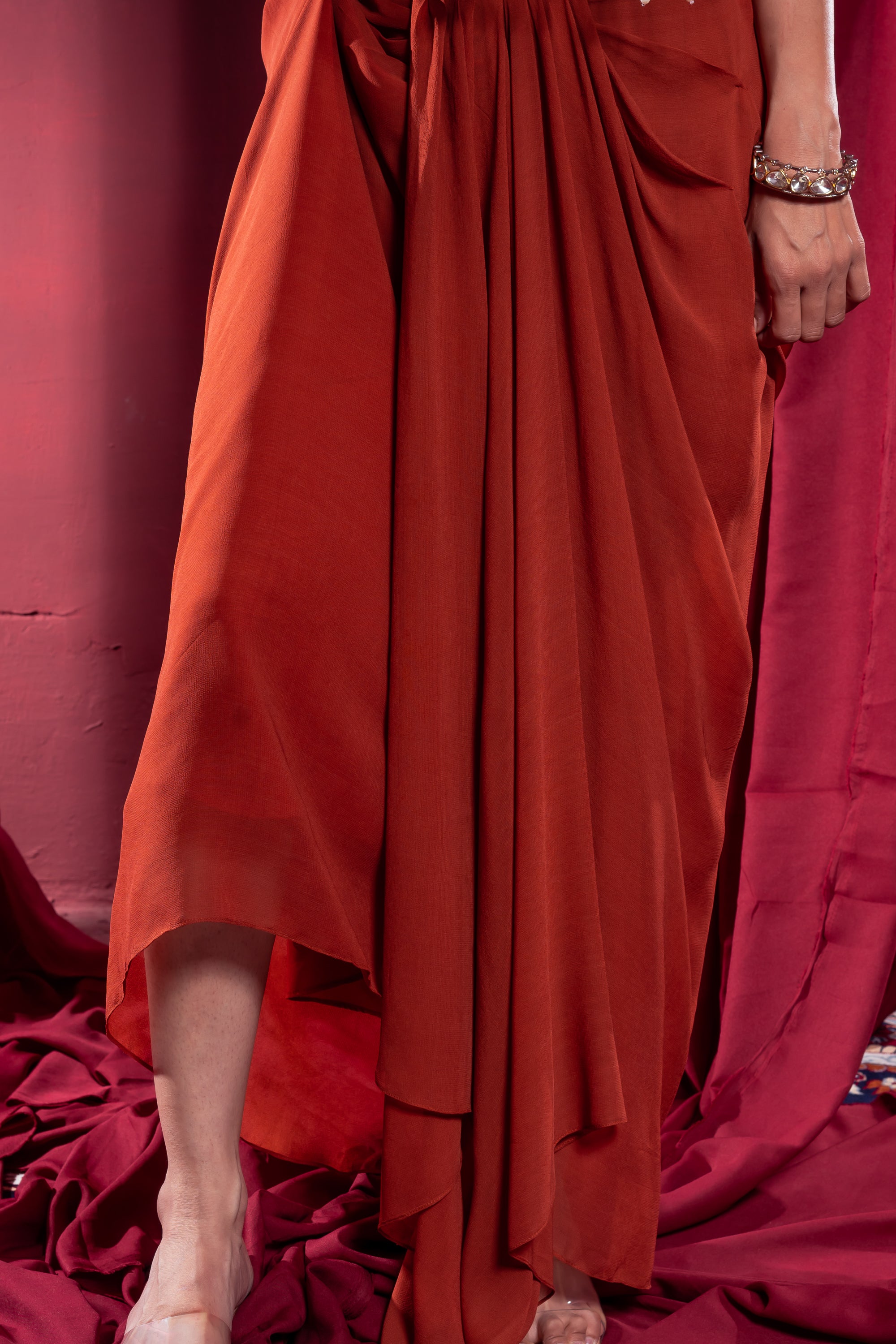 Rust Orange Embroidered Layered Ethnic Dress with Cape