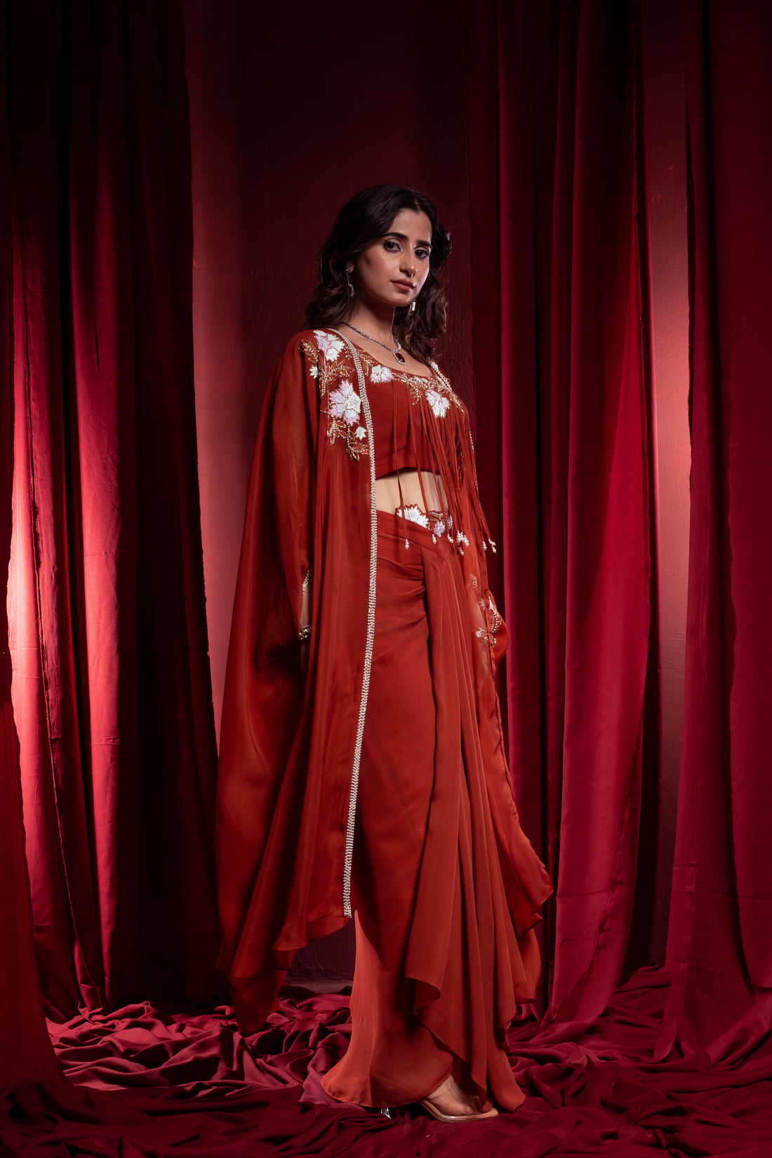Rust Orange Embroidered Layered Ethnic Dress with Cape