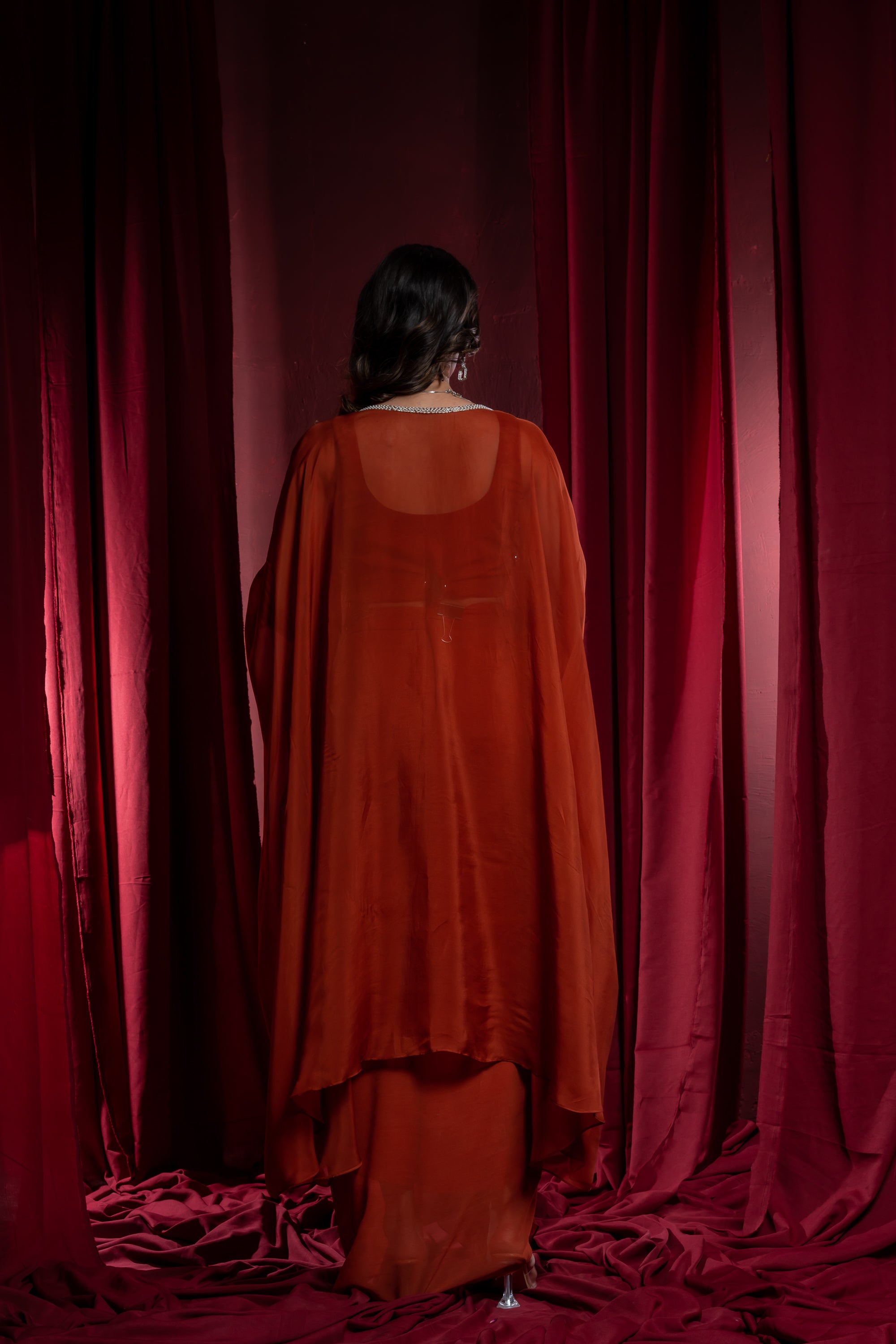Rust Orange Embroidered Layered Ethnic Dress with Cape