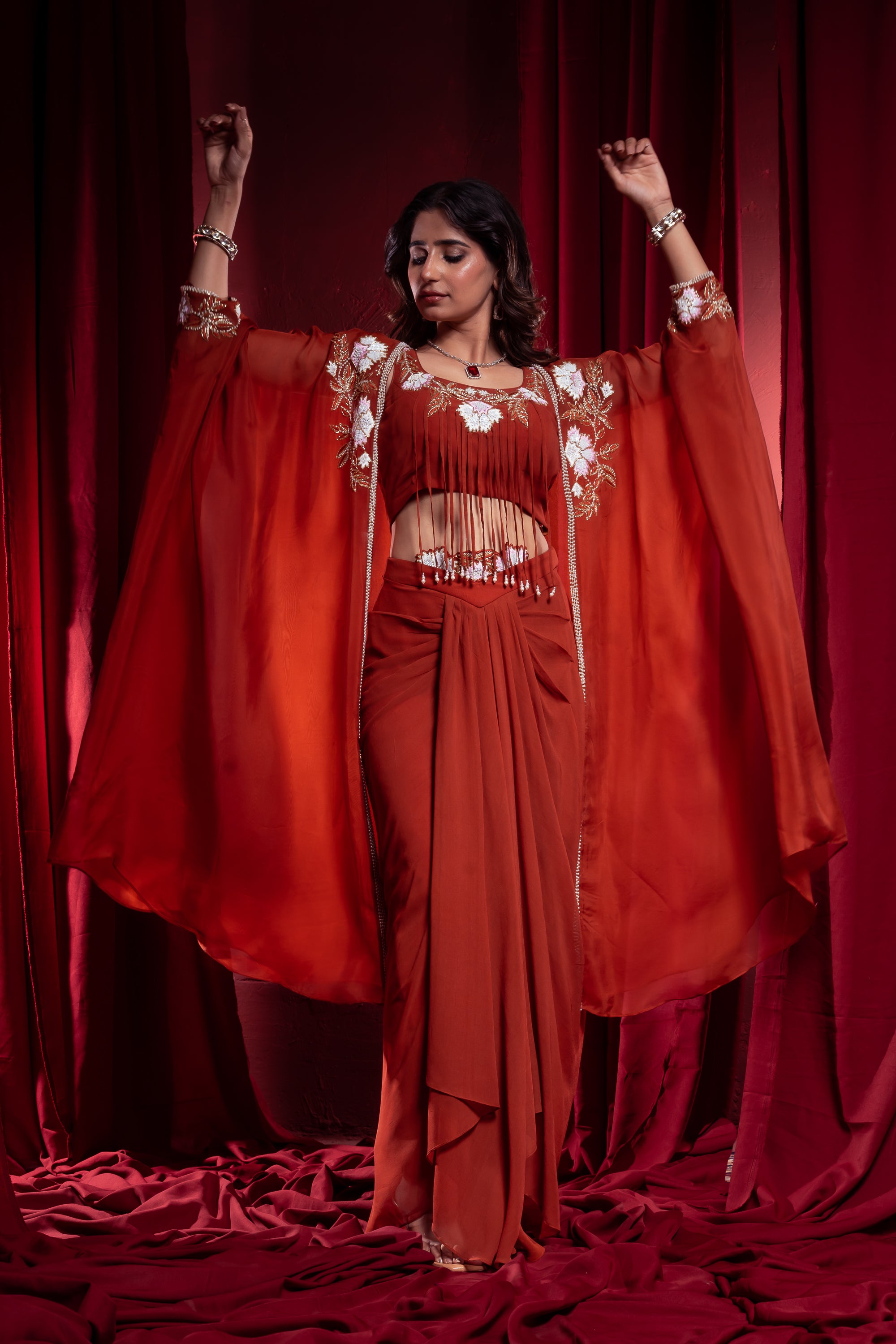 Rust Orange Embroidered Layered Ethnic Dress with Cape
