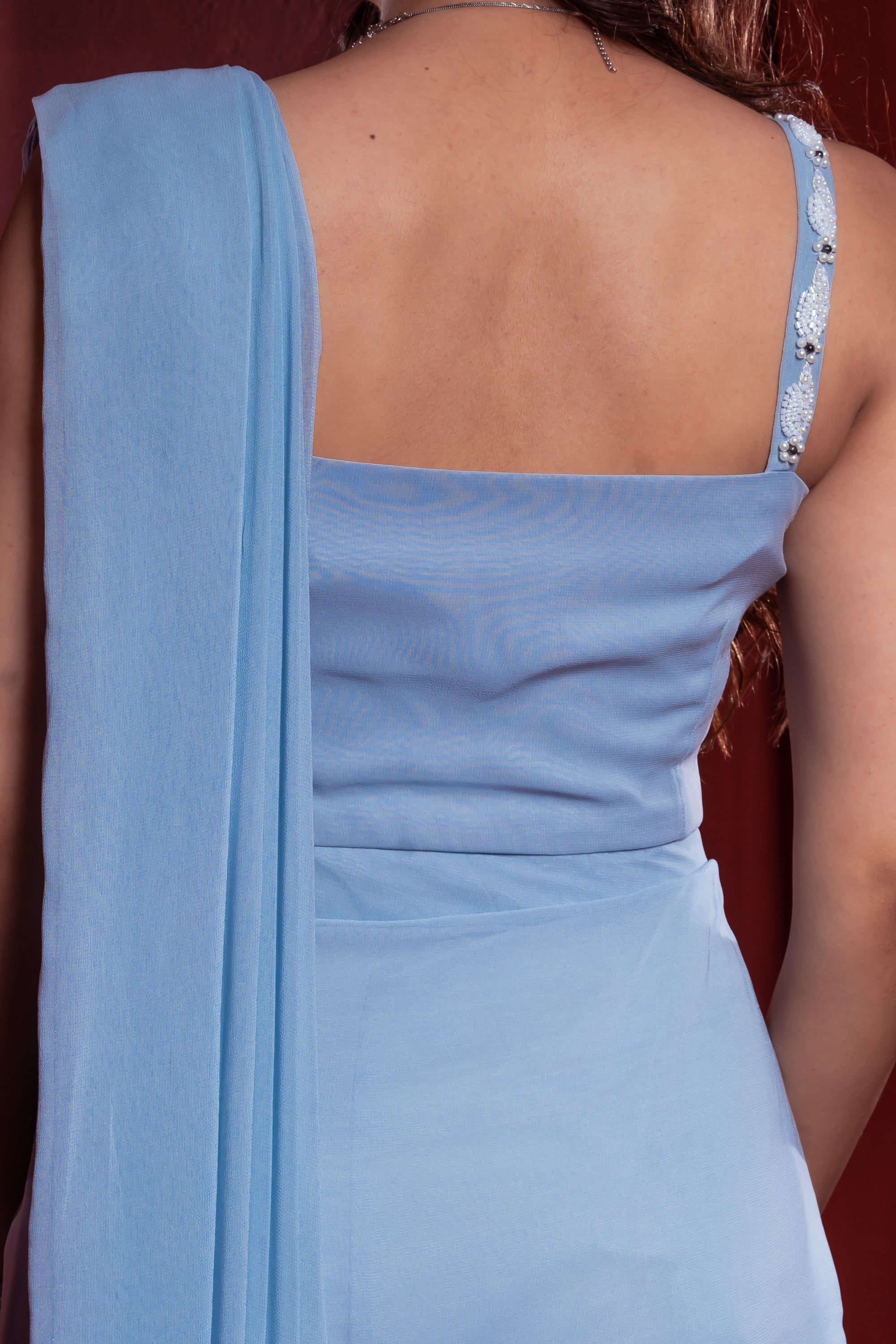Powder Blue Drape Saree with Embroidered Blouse