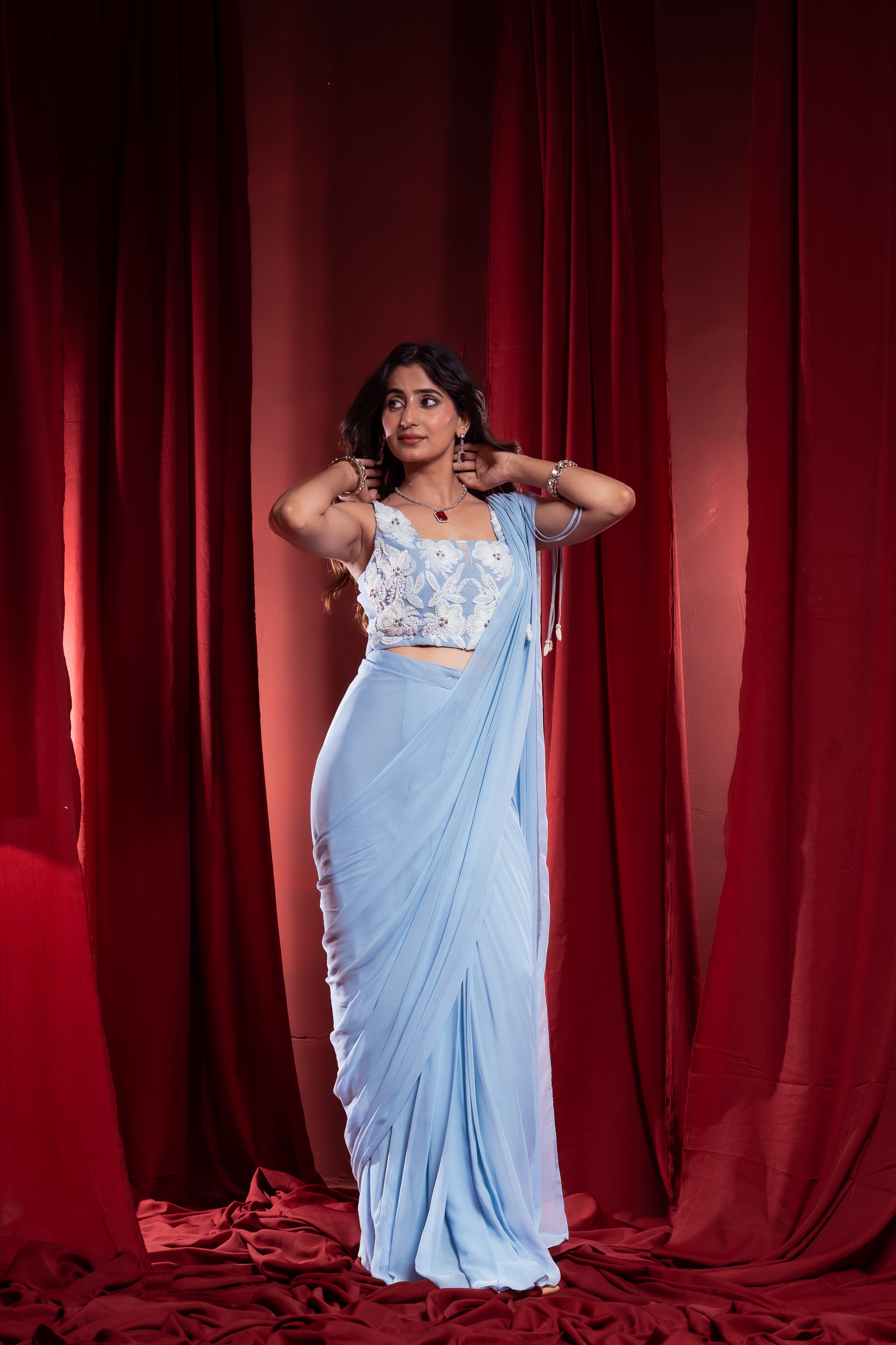 Powder Blue Drape Saree with Embroidered Blouse