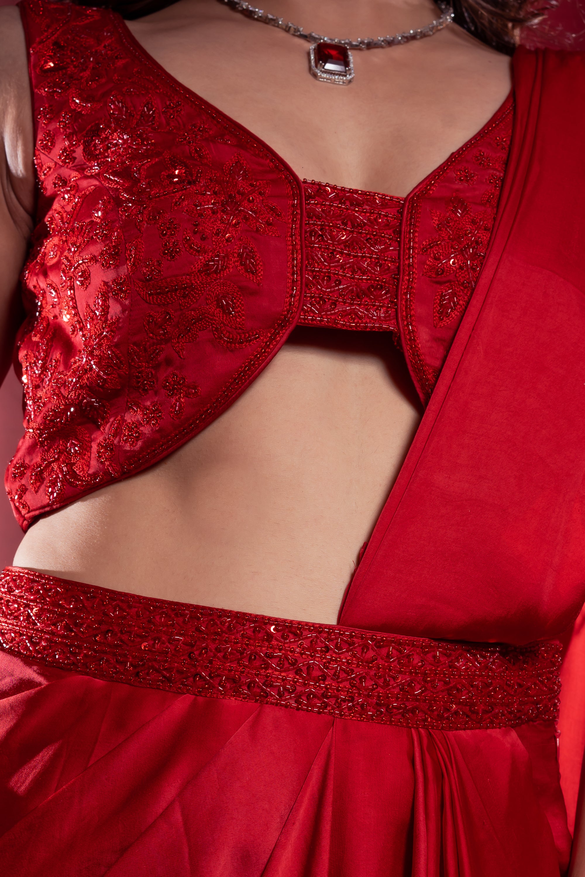 Crimson Red Draped Saree with Embellished Blouse