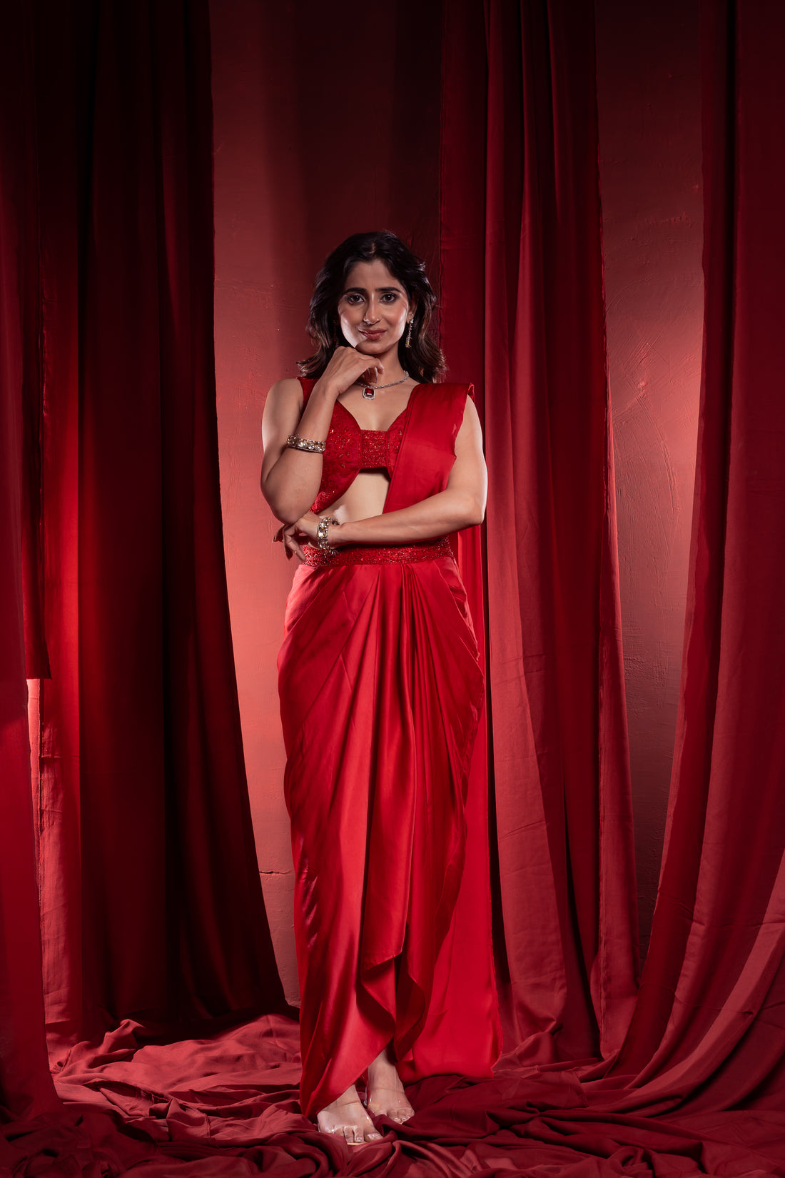 Crimson Red Draped Saree with Embellished Blouse