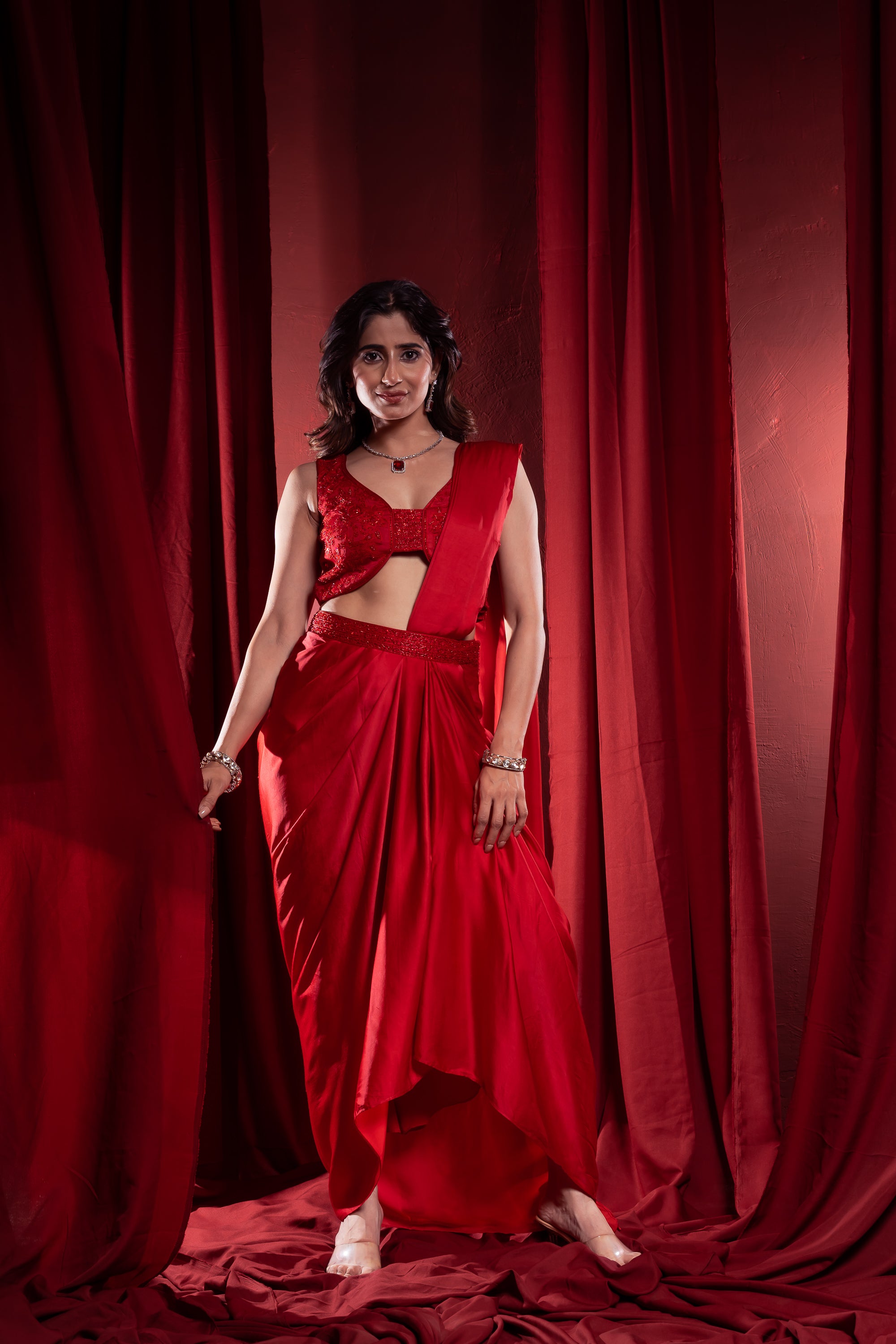 Crimson Red Draped Saree with Embellished Blouse