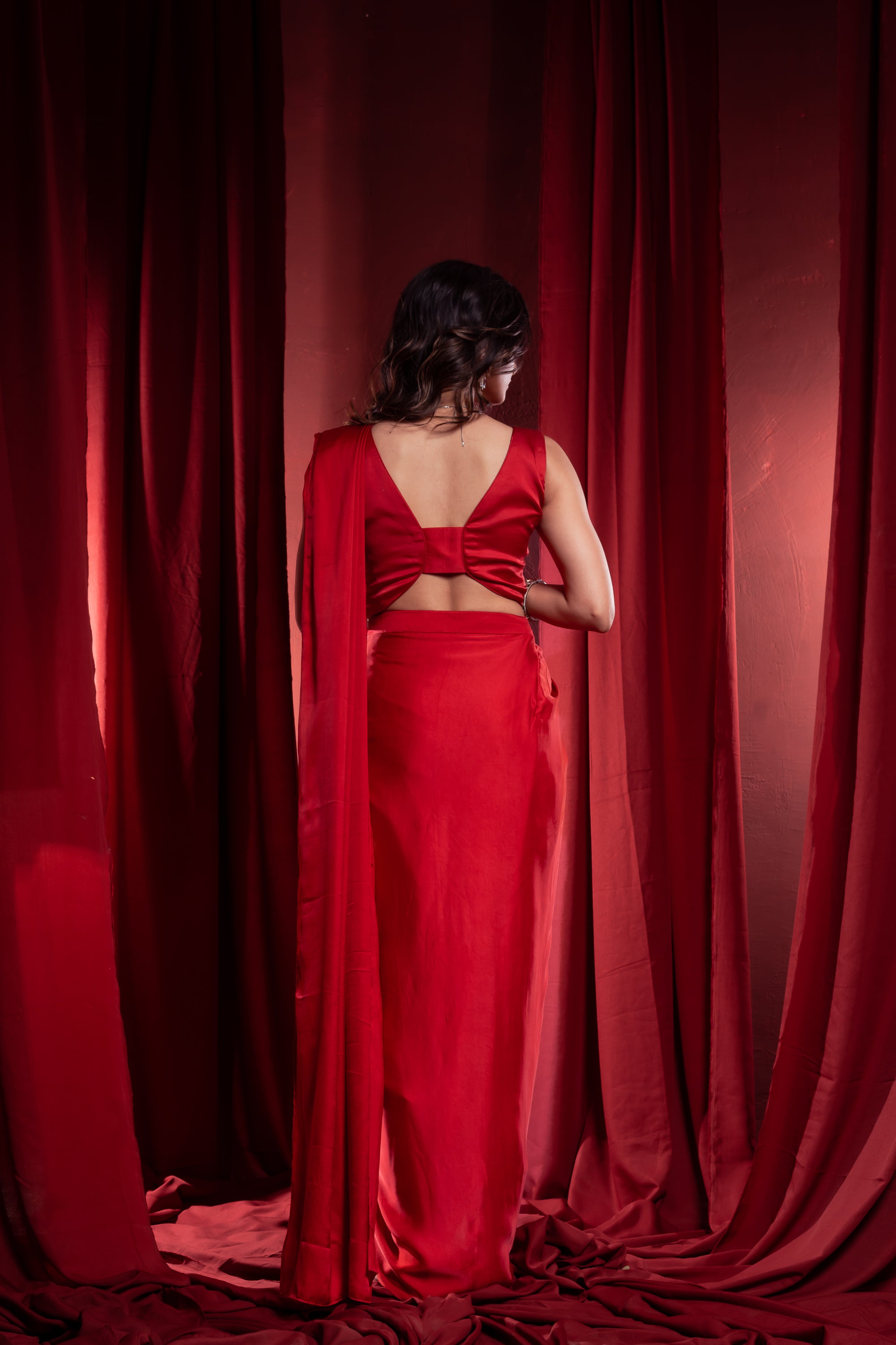 Crimson Red Draped Saree with Embellished Blouse
