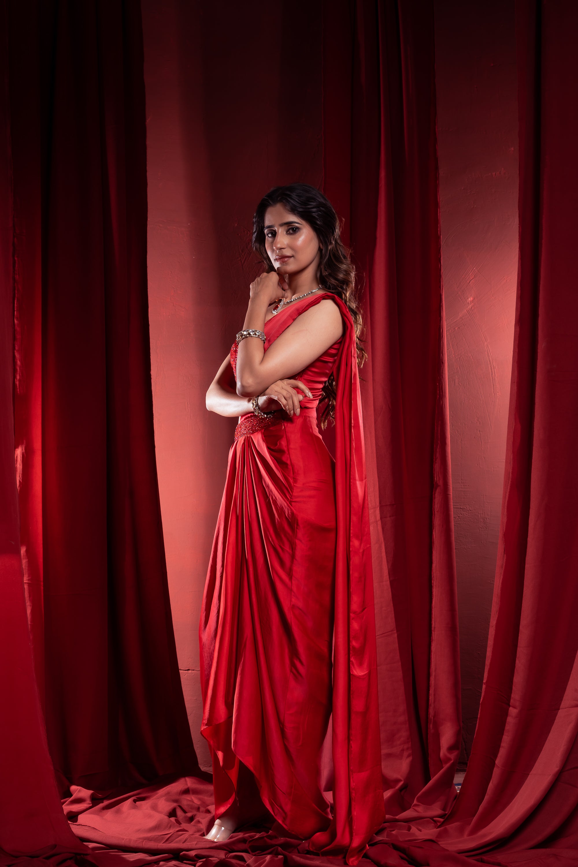 Crimson Red Draped Saree with Embellished Blouse